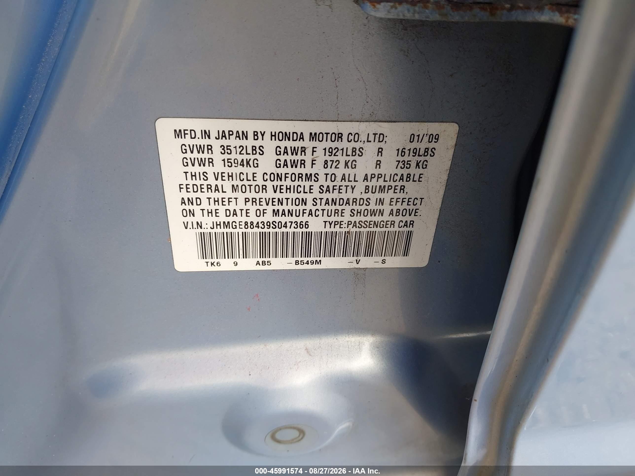 2009 Honda Fit Sport Light Blue vin: JHMGE88439S047366