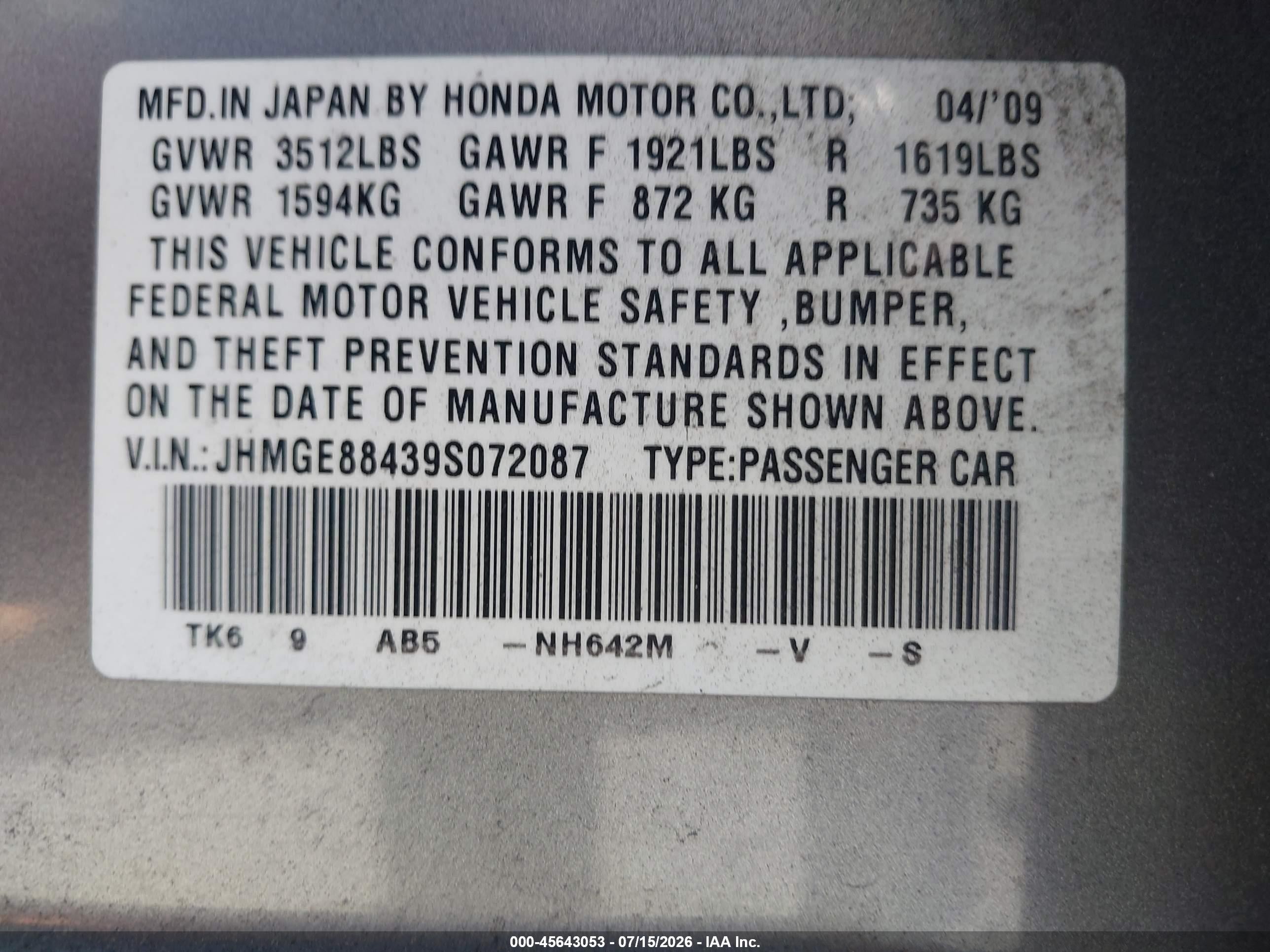 2009 Honda Fit Sport Gray vin: JHMGE88439S072087