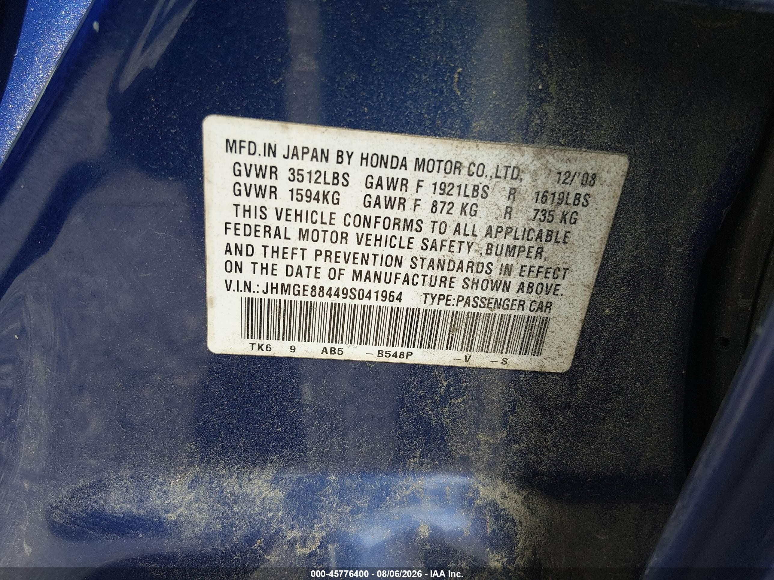 2009 Honda Fit Sport Blue vin: JHMGE88449S041964