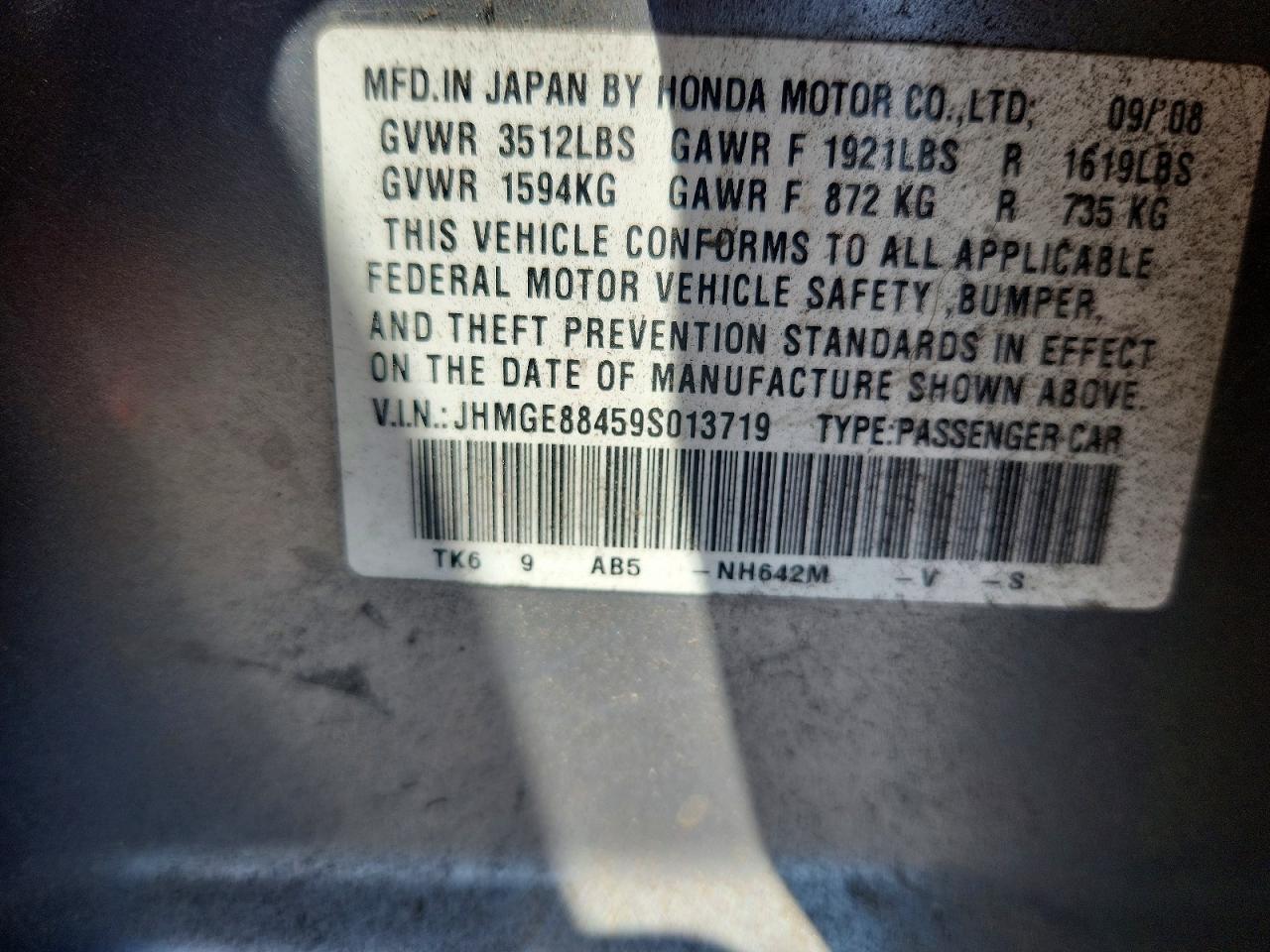 2009 Honda Fit Sport Gray vin: JHMGE88459S013719