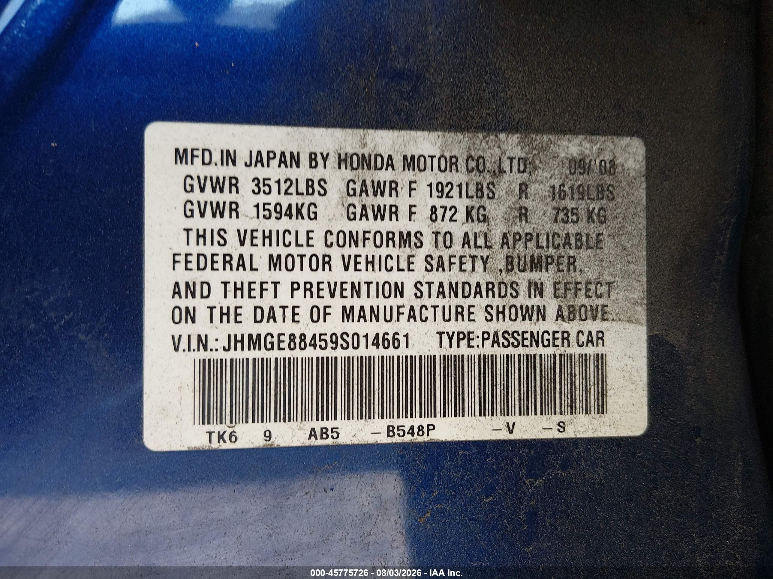 2009 Honda Fit Sport Blue vin: JHMGE88459S014661