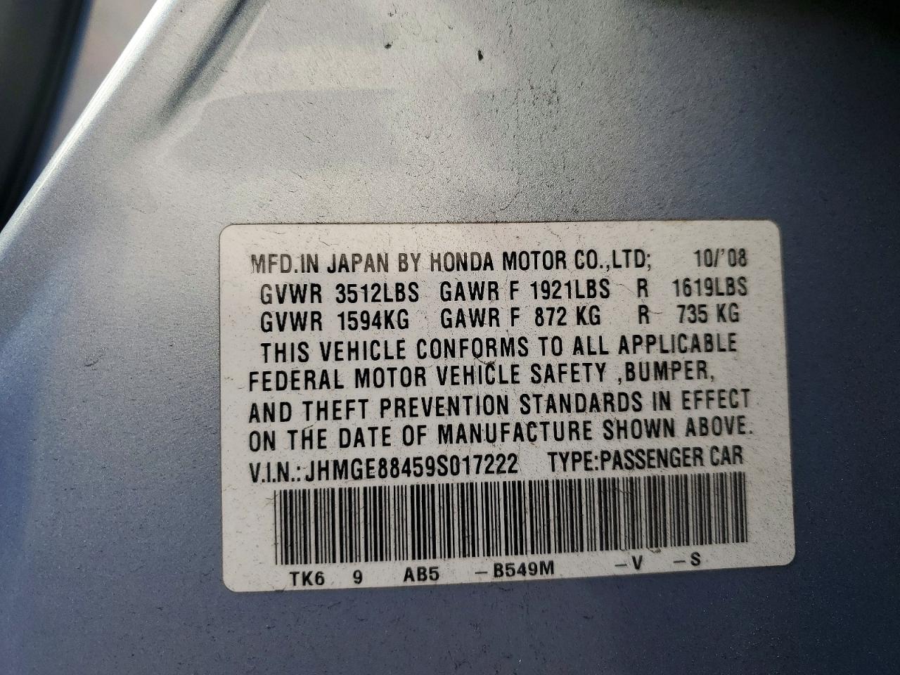 2009 Honda Fit Sport Blue vin: JHMGE88459S017222