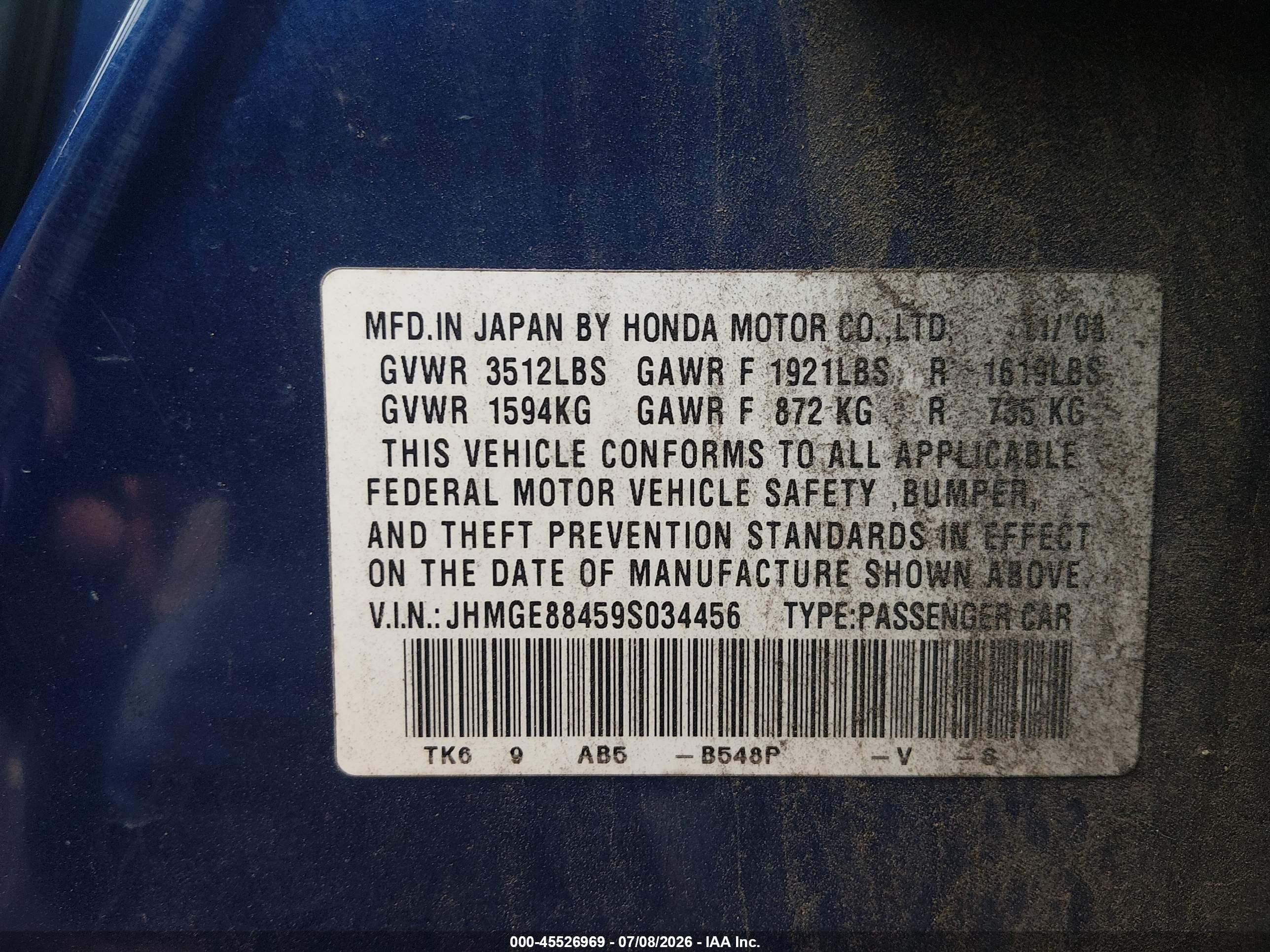 2009 Honda Fit Sport Blue vin: JHMGE88459S034456