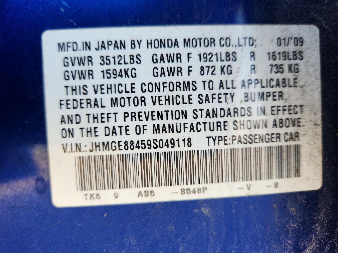 2009 Honda Fit Sport Blue vin: JHMGE88459S049118