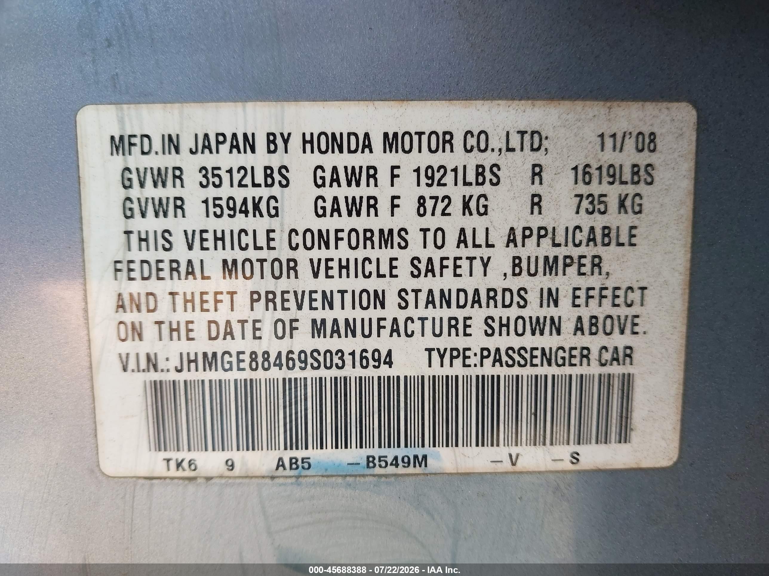 2009 Honda Fit Sport Blue vin: JHMGE88469S031694
