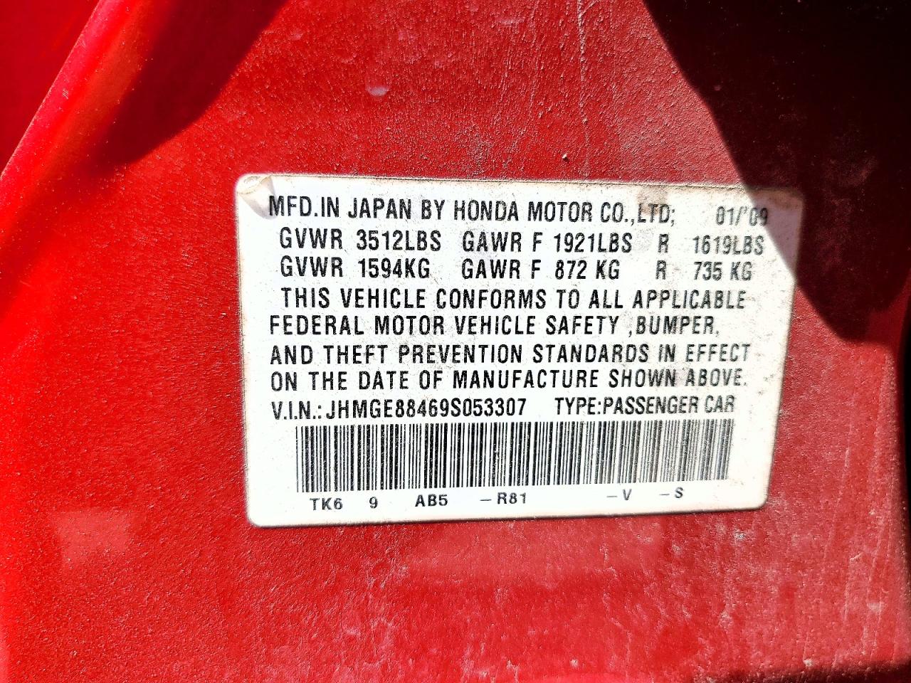 2009 Honda Fit Sport Red vin: JHMGE88469S053307