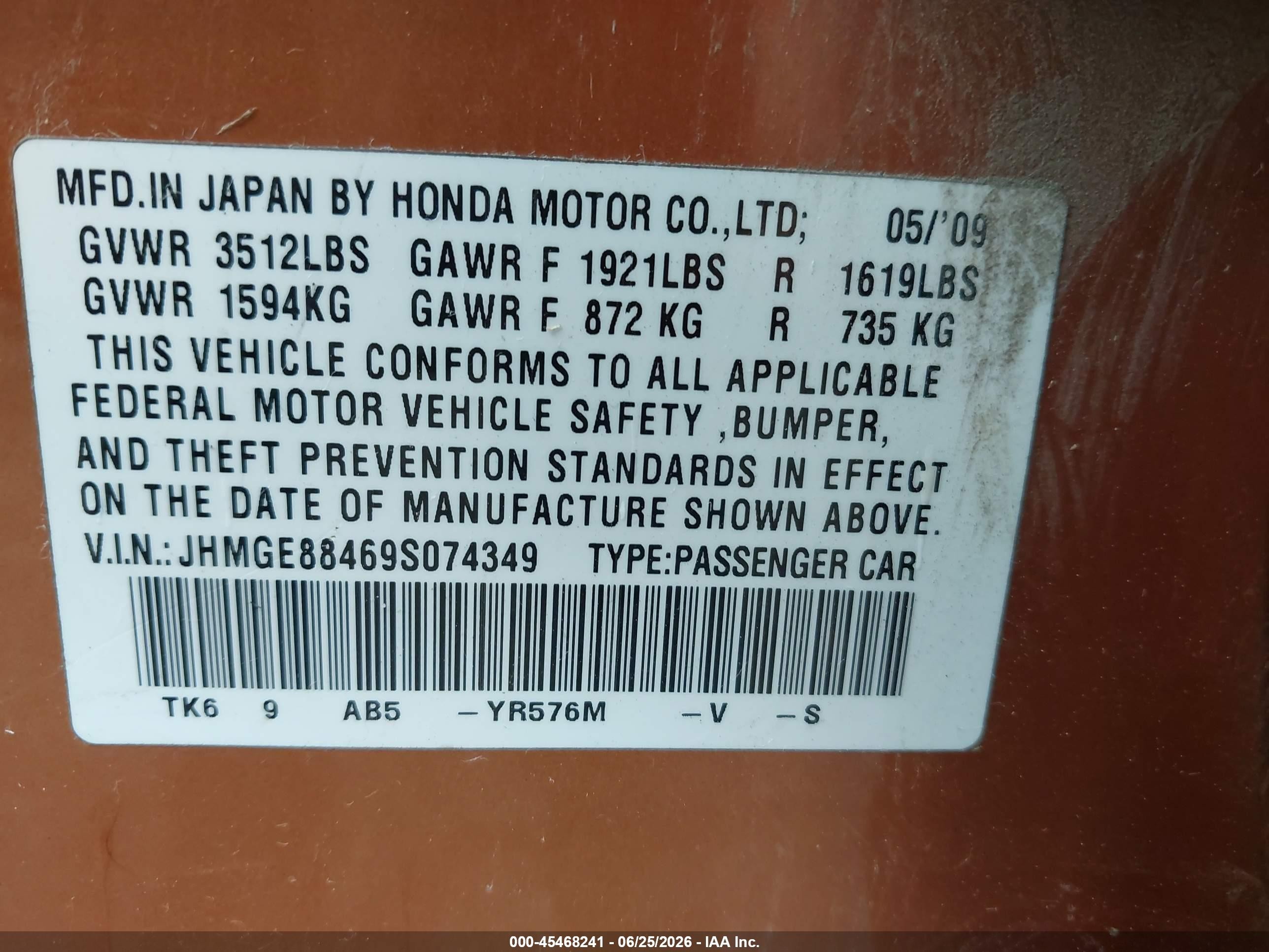 2009 Honda Fit Sport Orange vin: JHMGE88469S074349