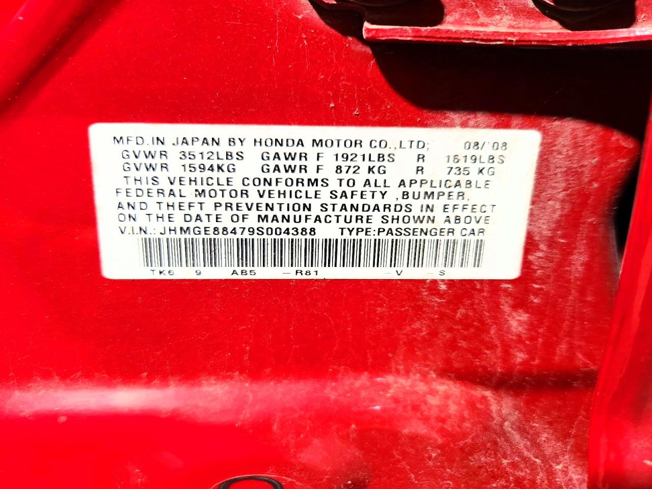 2009 Honda Fit Sport Red vin: JHMGE88479S004388