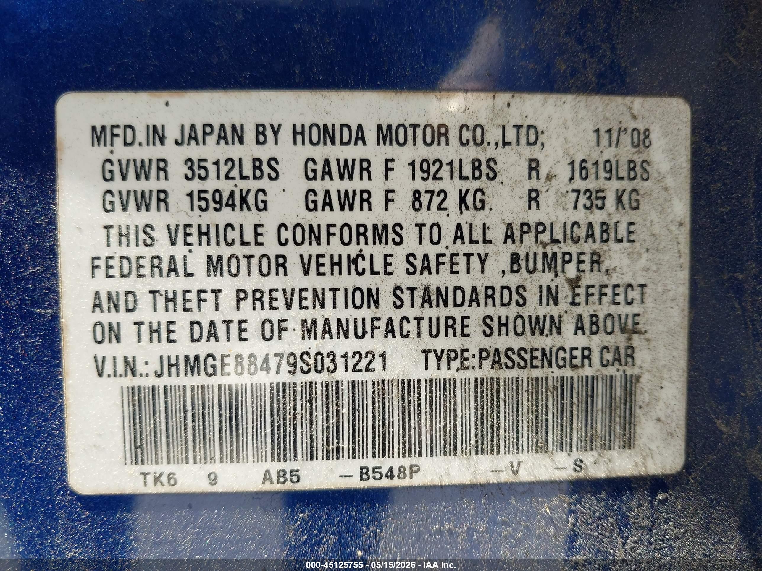 2009 Honda Fit Sport Blue vin: JHMGE88479S031221
