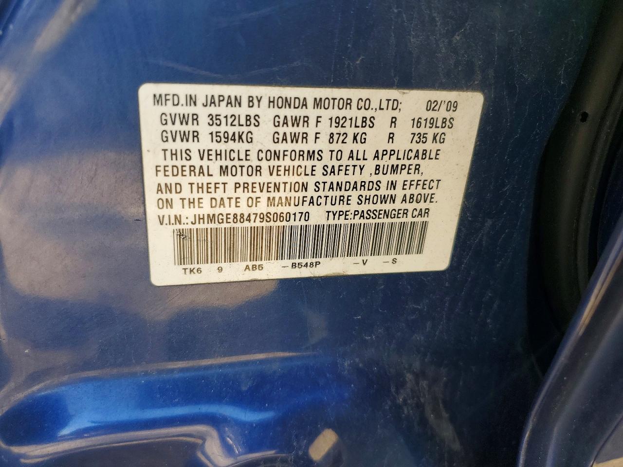 2009 Honda Fit Sport Blue vin: JHMGE88479S060170