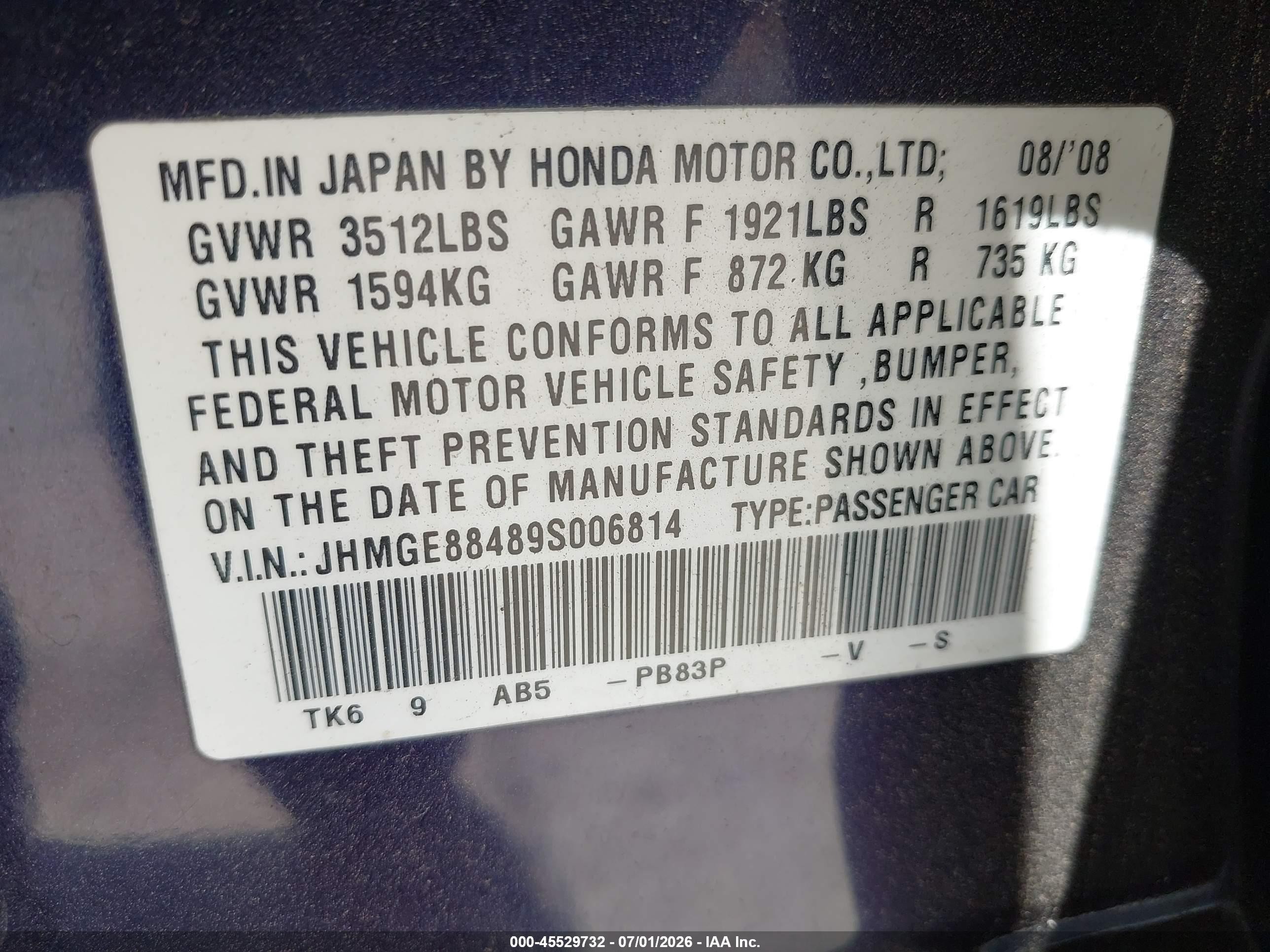 2009 Honda Fit Sport Dark Blue vin: JHMGE88489S006814