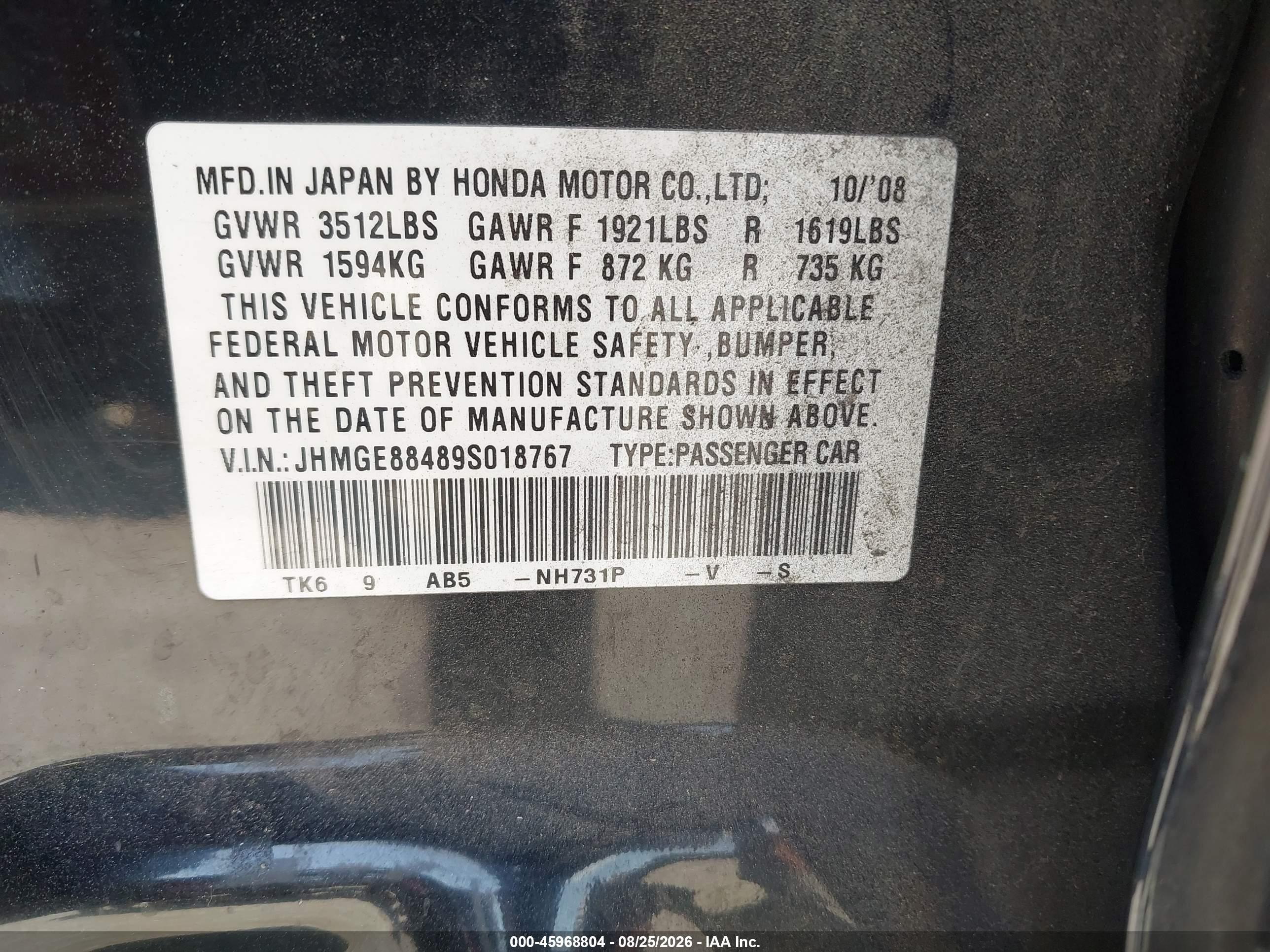 2009 Honda Fit Sport Black vin: JHMGE88489S018767