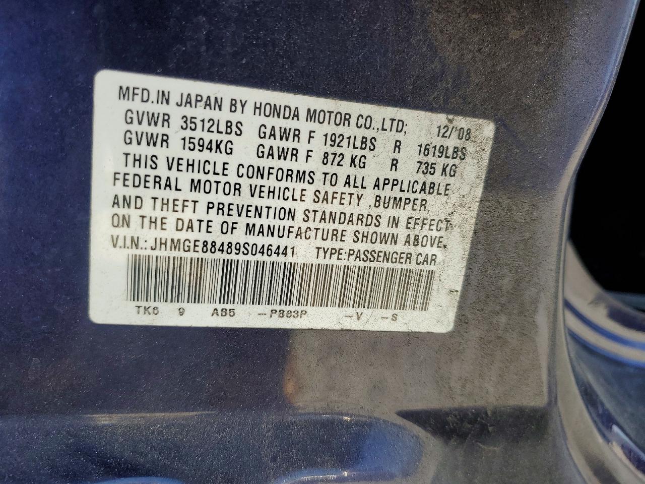 2009 Honda Fit Sport Blue vin: JHMGE88489S046441