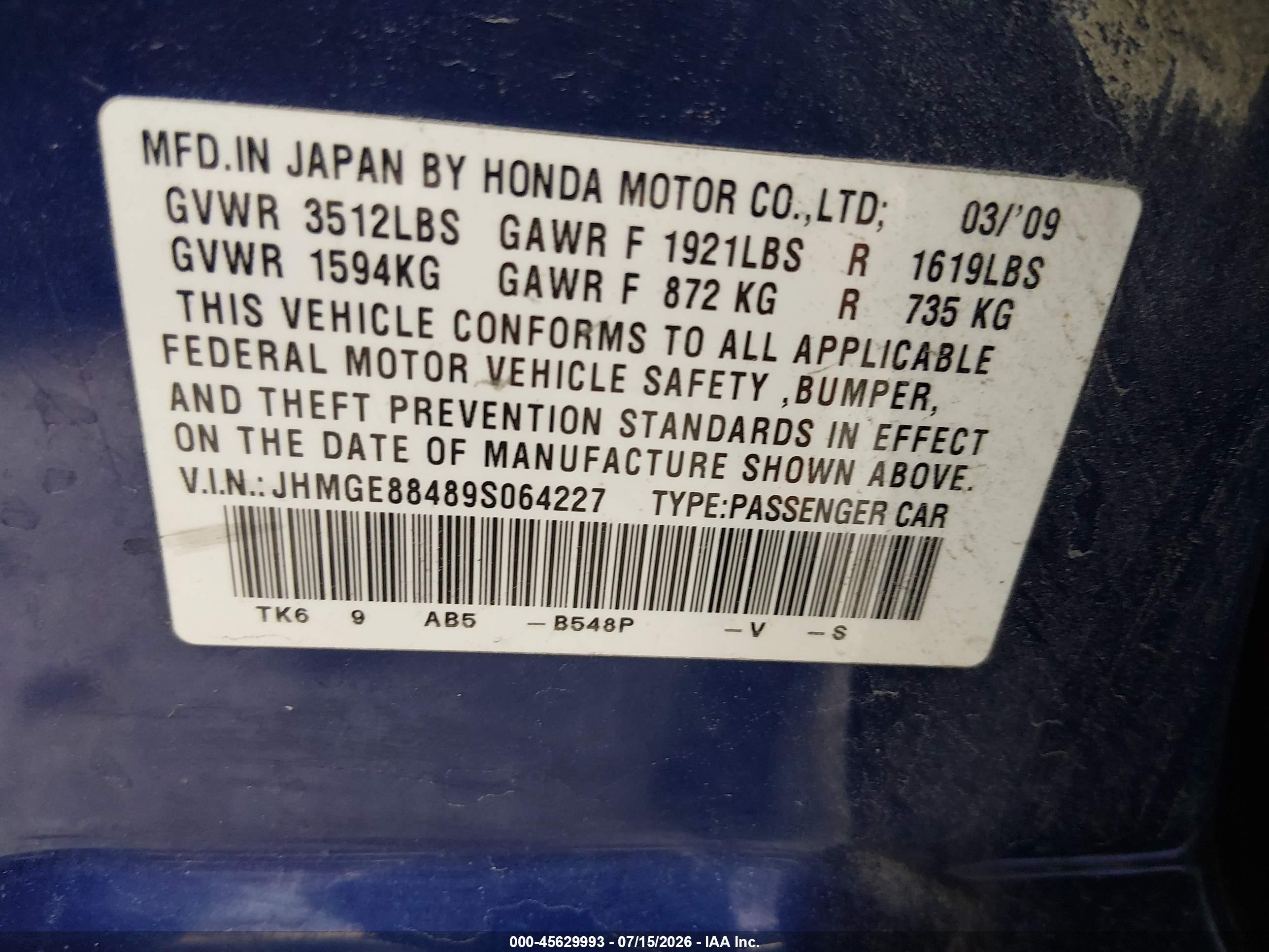 2009 Honda Fit Sport Blue vin: JHMGE88489S064227