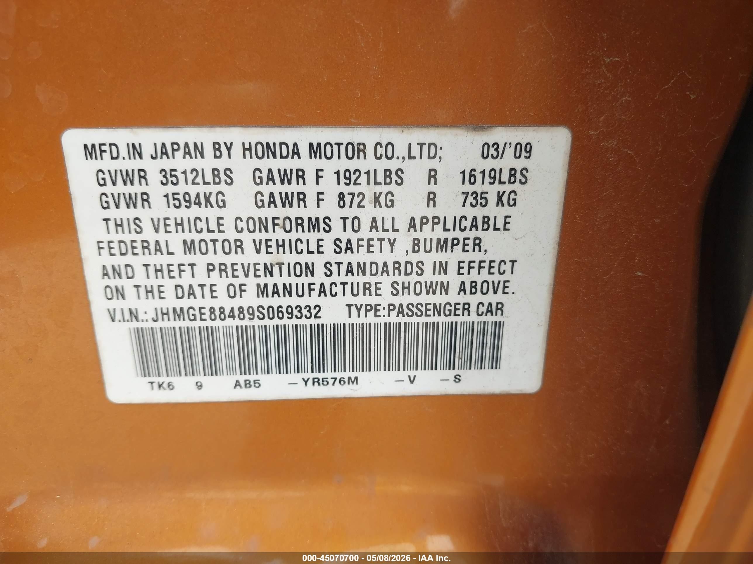2009 Honda Fit Sport Оранжевый vin: JHMGE88489S069332