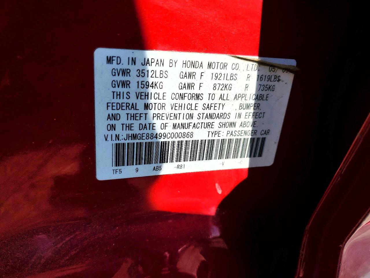 2009 Honda Fit Sport Red vin: JHMGE88499C000868