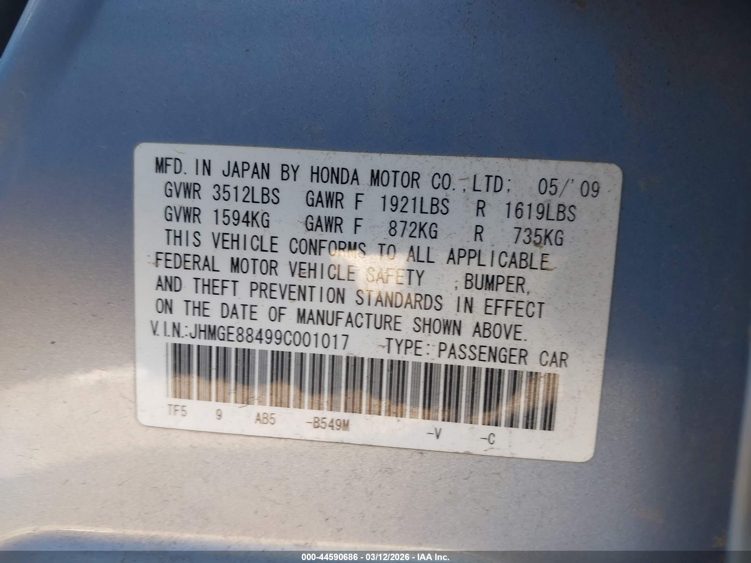 2009 Honda Fit Sport Blue vin: JHMGE88499C001017