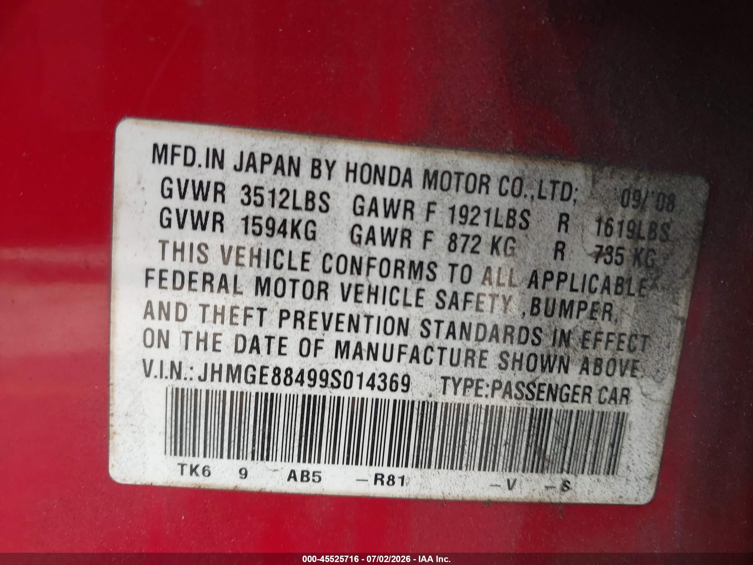 2009 Honda Fit Sport Red vin: JHMGE88499S014369