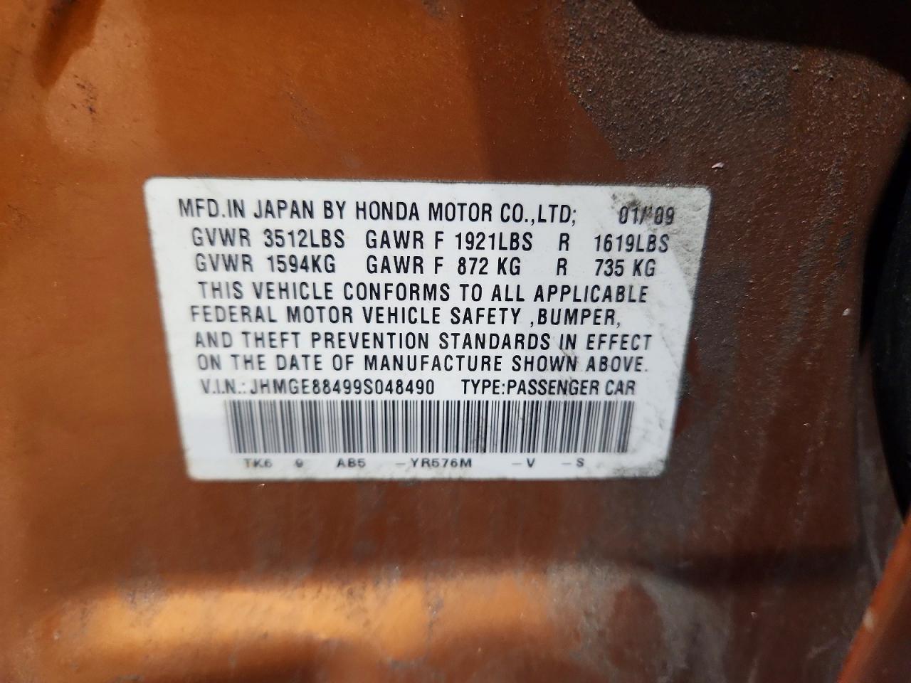 2009 Honda Fit Sport Orange vin: JHMGE88499S048490