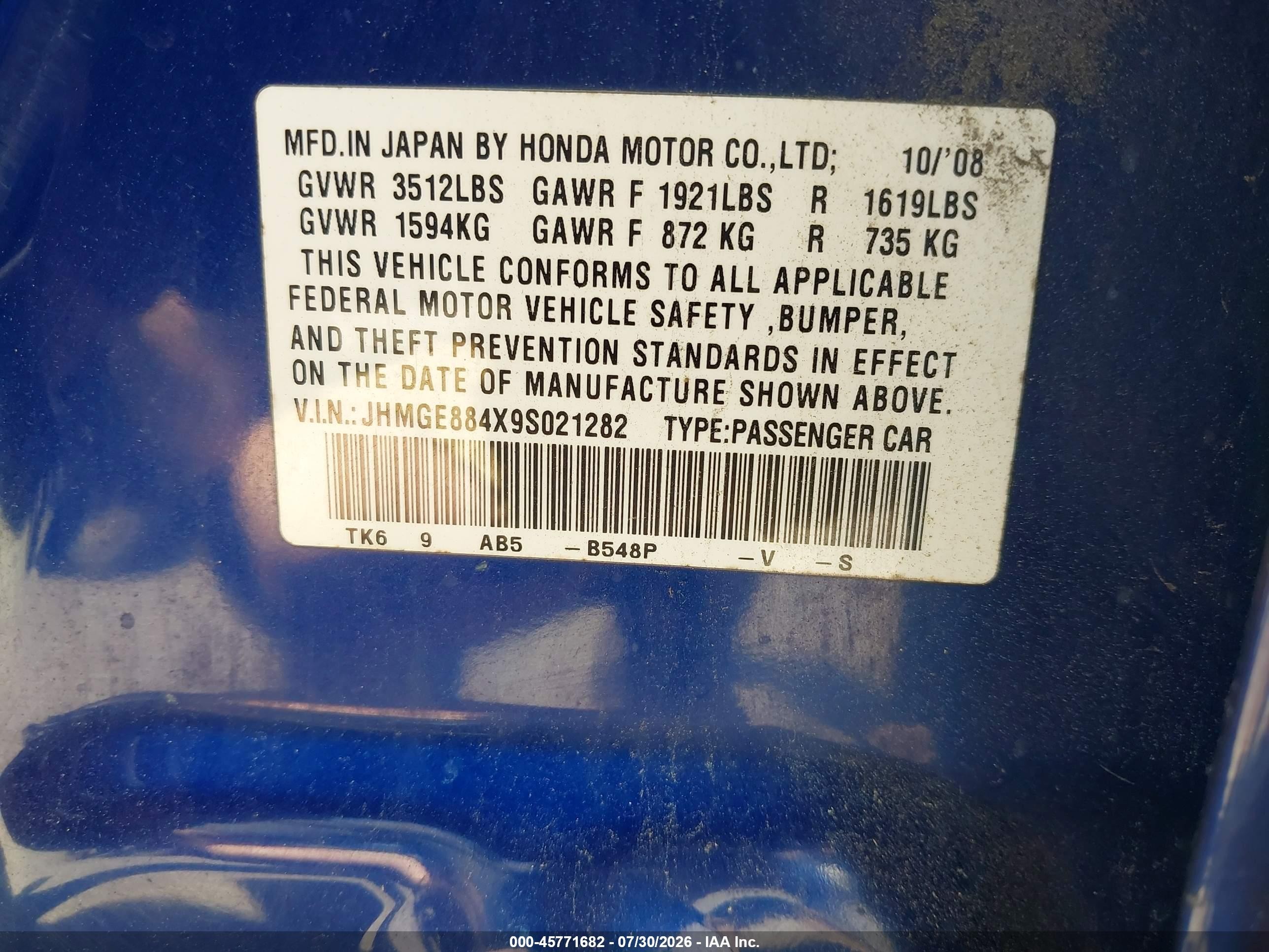 2009 Honda Fit Sport Blue vin: JHMGE884X9S021282