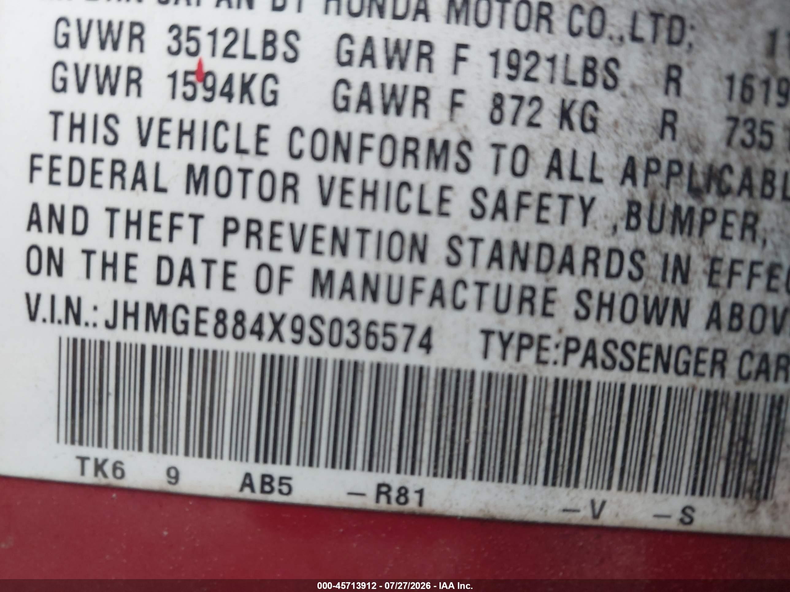 2009 Honda Fit Sport Red vin: JHMGE884X9S036574