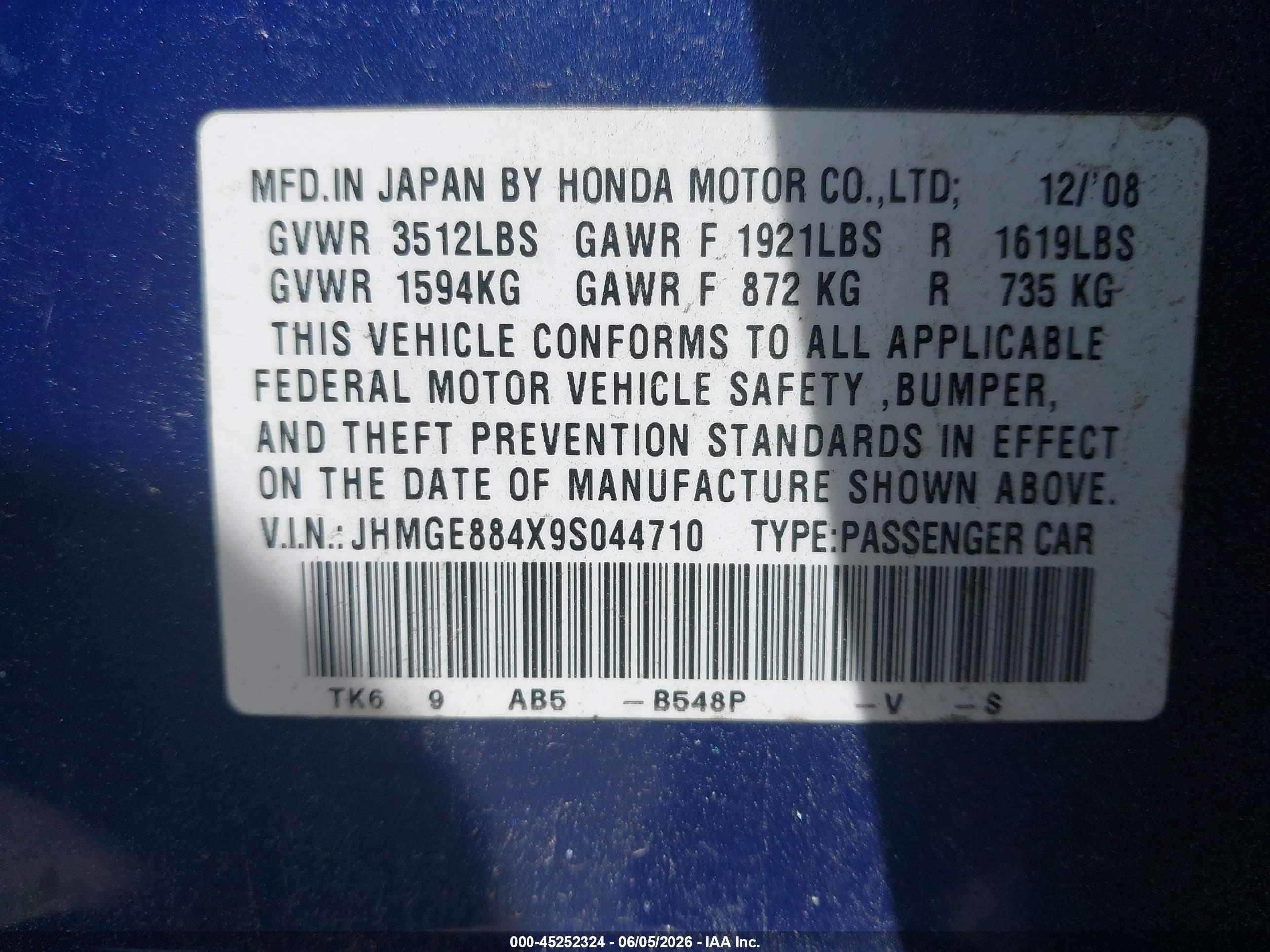 2009 Honda Fit Sport Blue vin: JHMGE884X9S044710