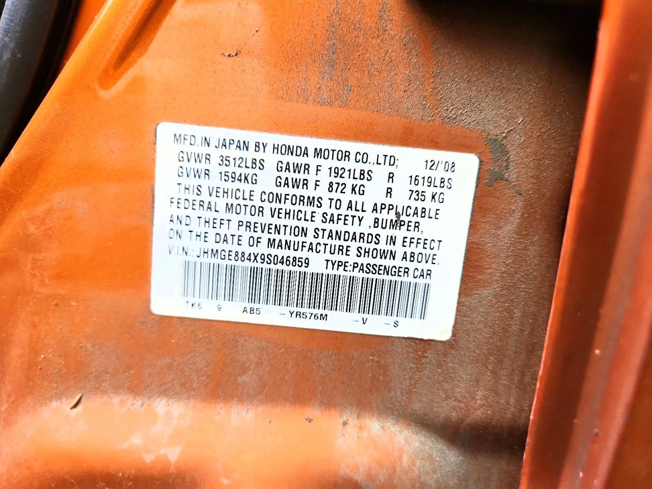 2009 Honda Fit Sport Orange vin: JHMGE884X9S046859