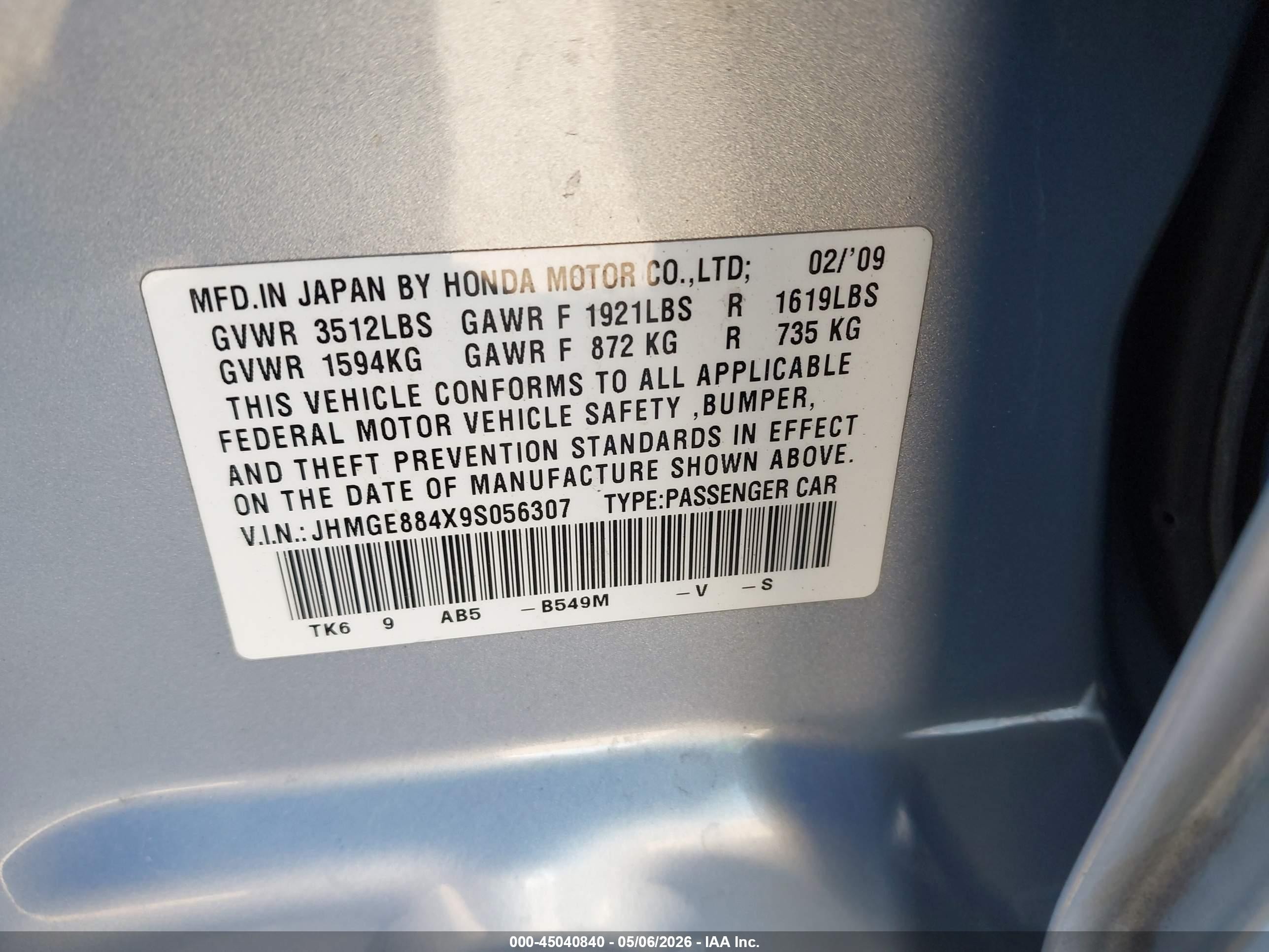 2009 Honda Fit Sport Blue vin: JHMGE884X9S056307