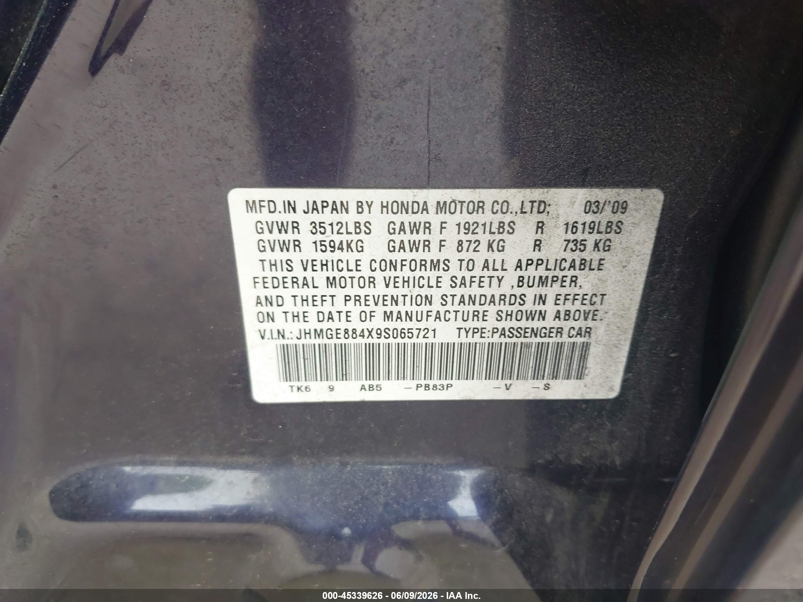 2009 Honda Fit Sport Navy vin: JHMGE884X9S065721