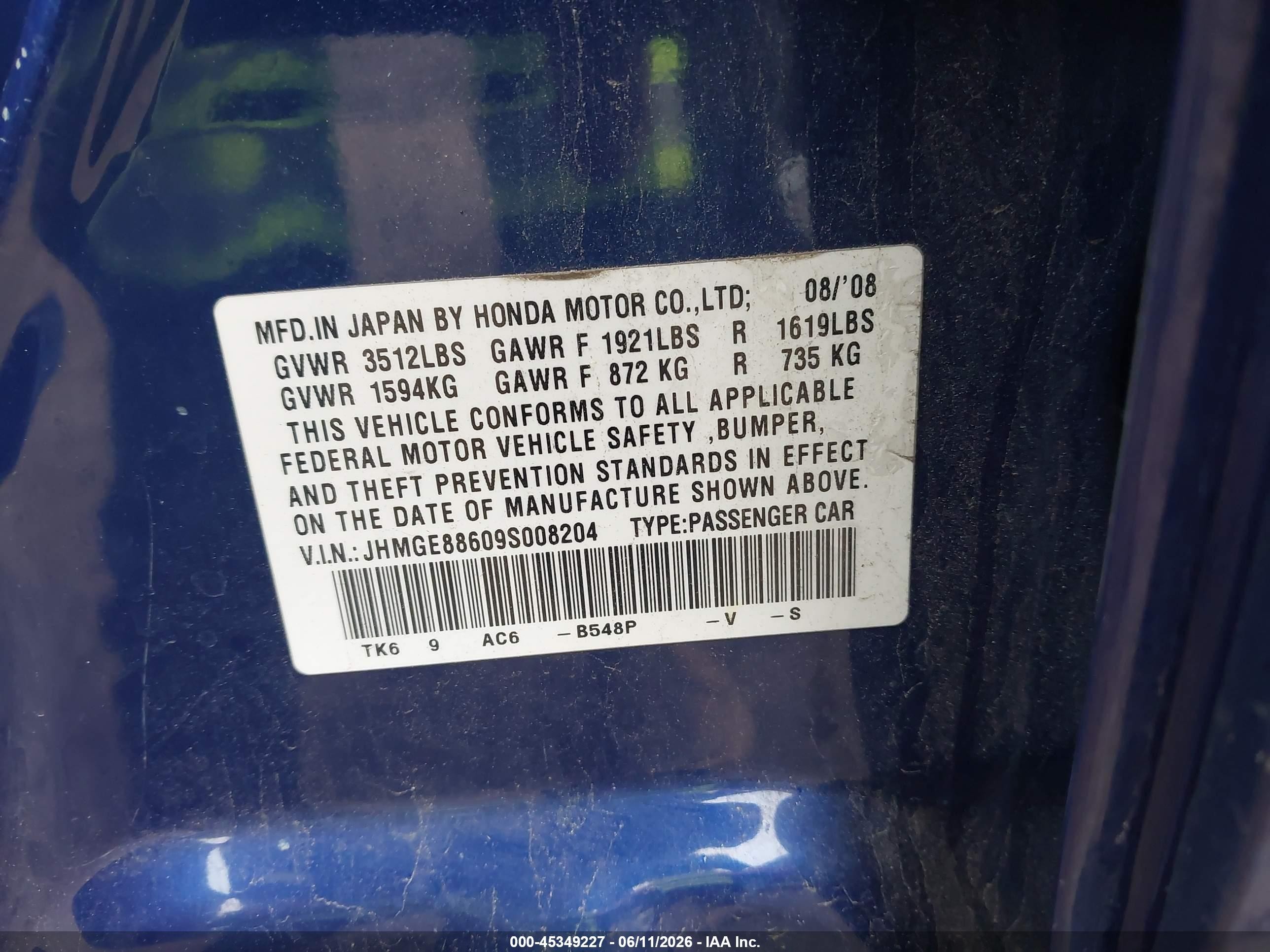 2009 Honda Fit Sport Blue vin: JHMGE88609S008204