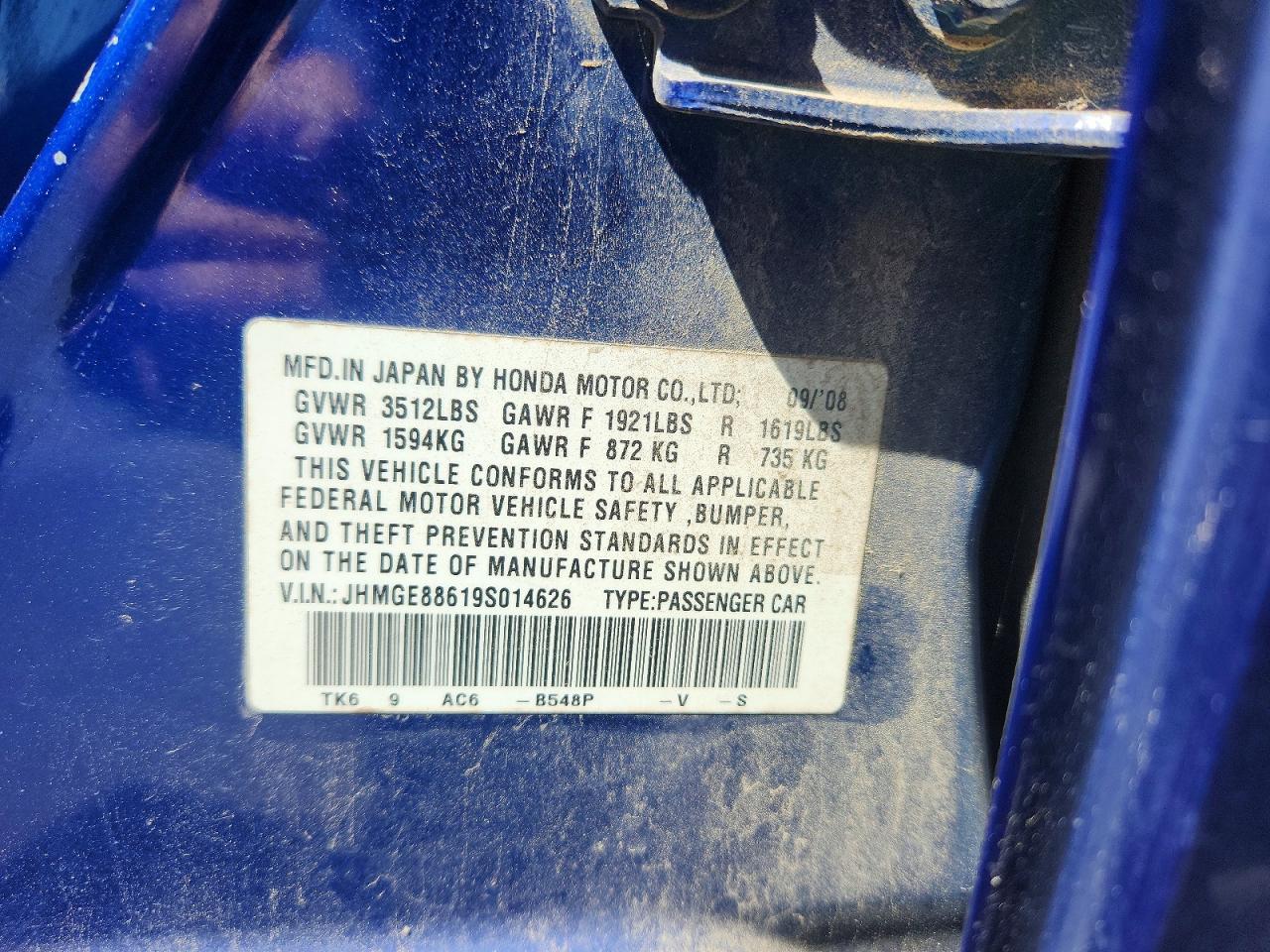2009 Honda Fit Sport Blue vin: JHMGE88619S014626