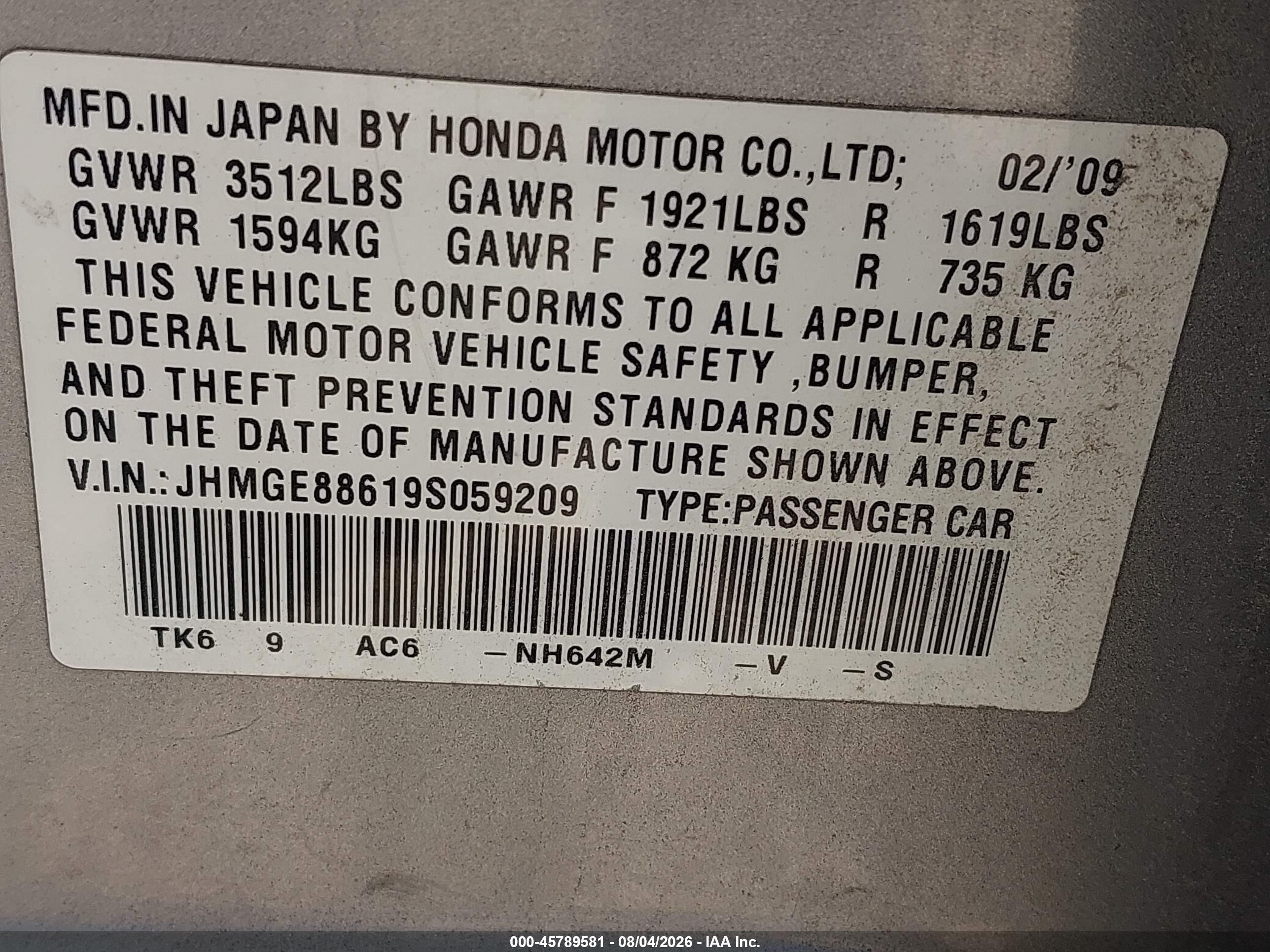2009 Honda Fit Sport Gray vin: JHMGE88619S059209
