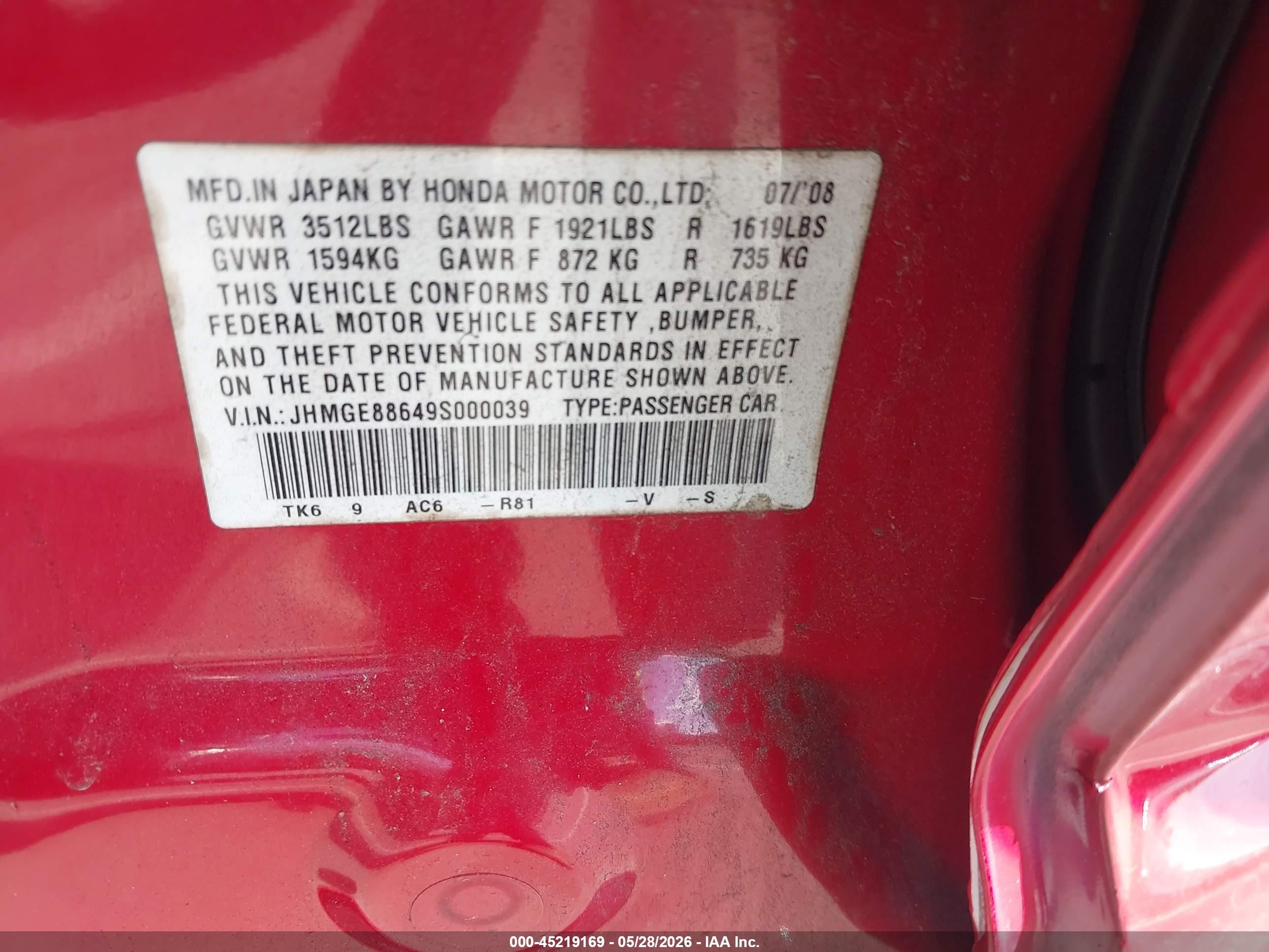 2009 Honda Fit Sport Red vin: JHMGE88649S000039