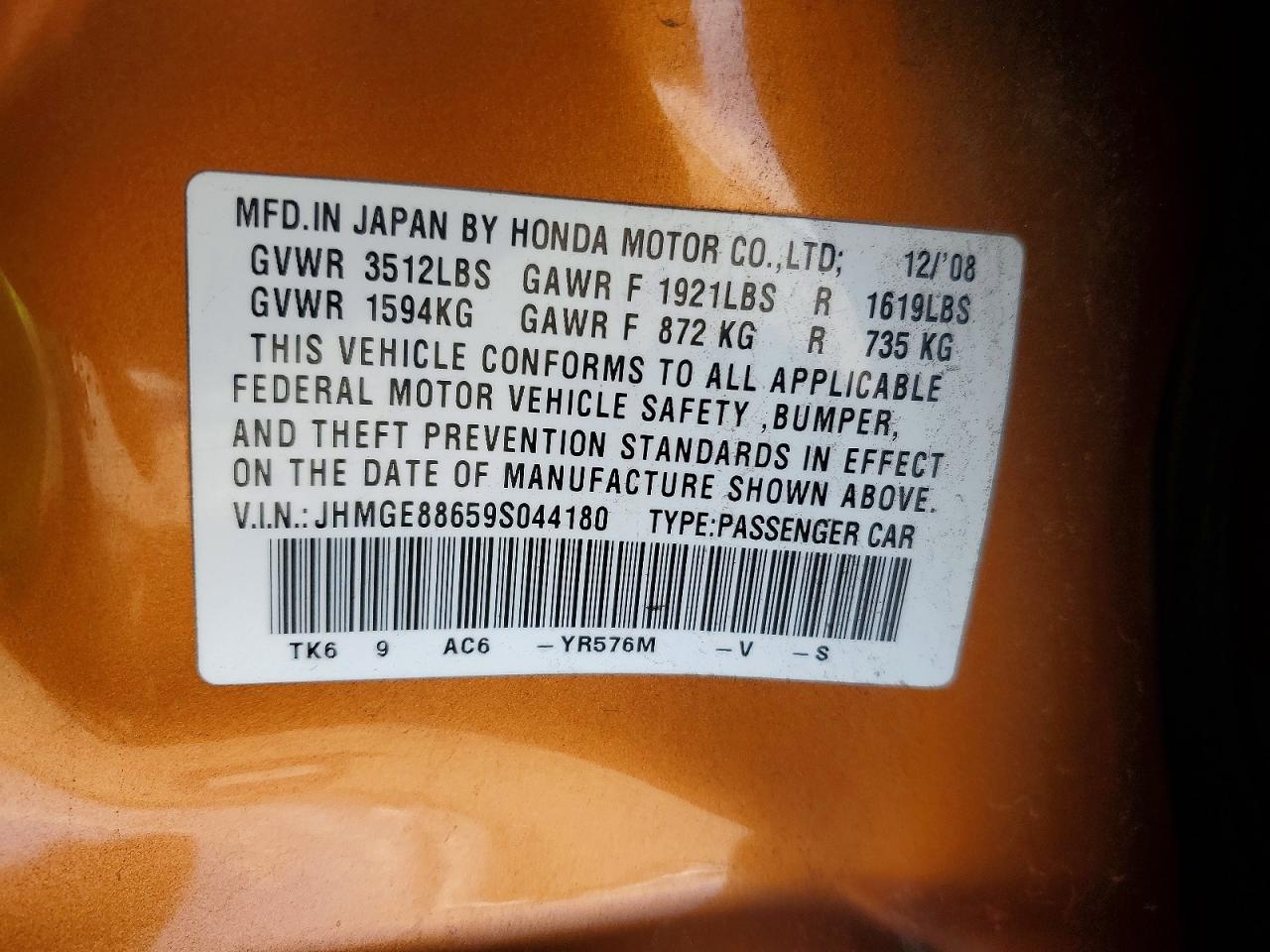 2009 Honda Fit Sport Orange vin: JHMGE88659S044180