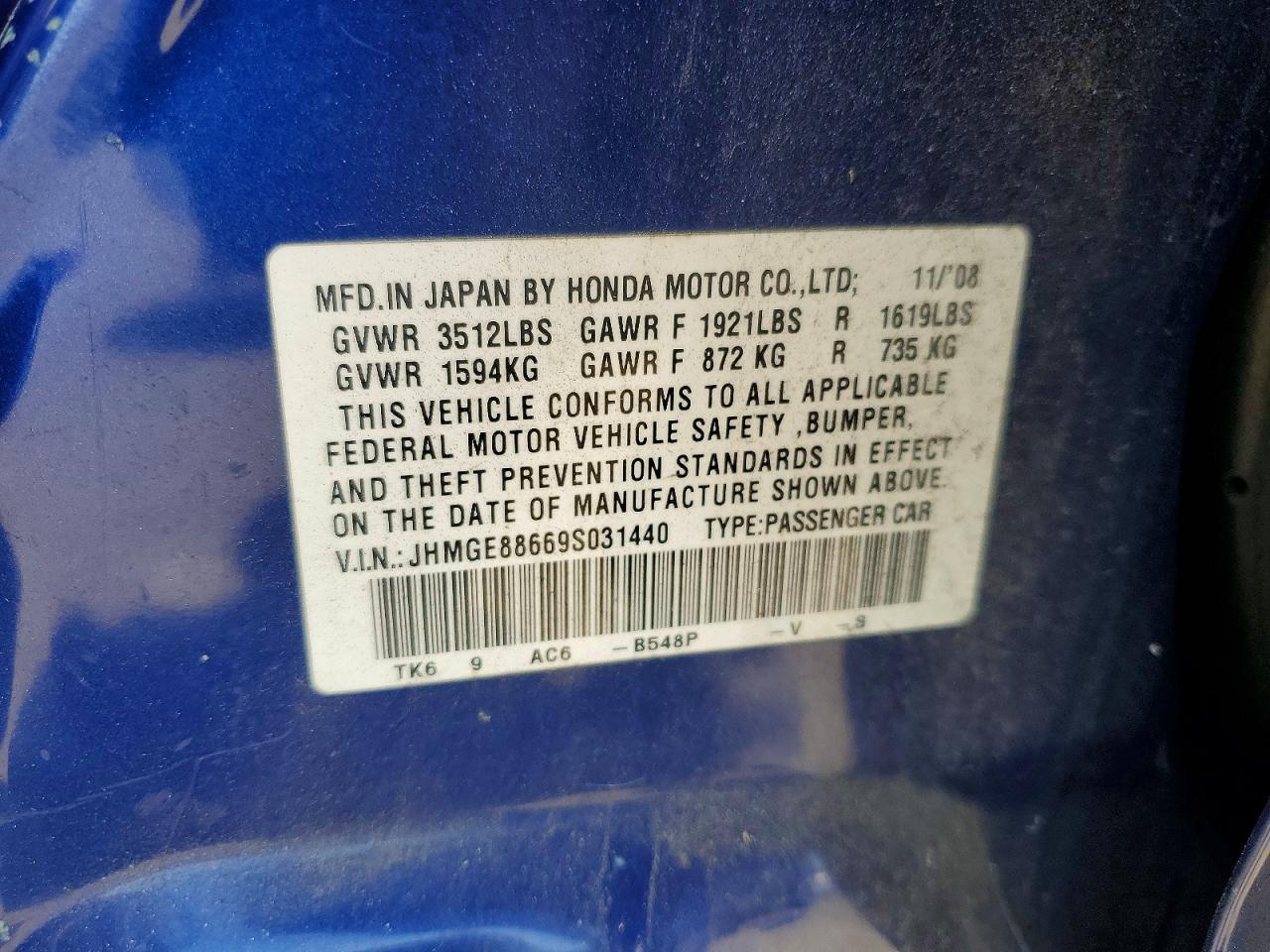 2009 Honda Fit Sport Blue vin: JHMGE88669S031440