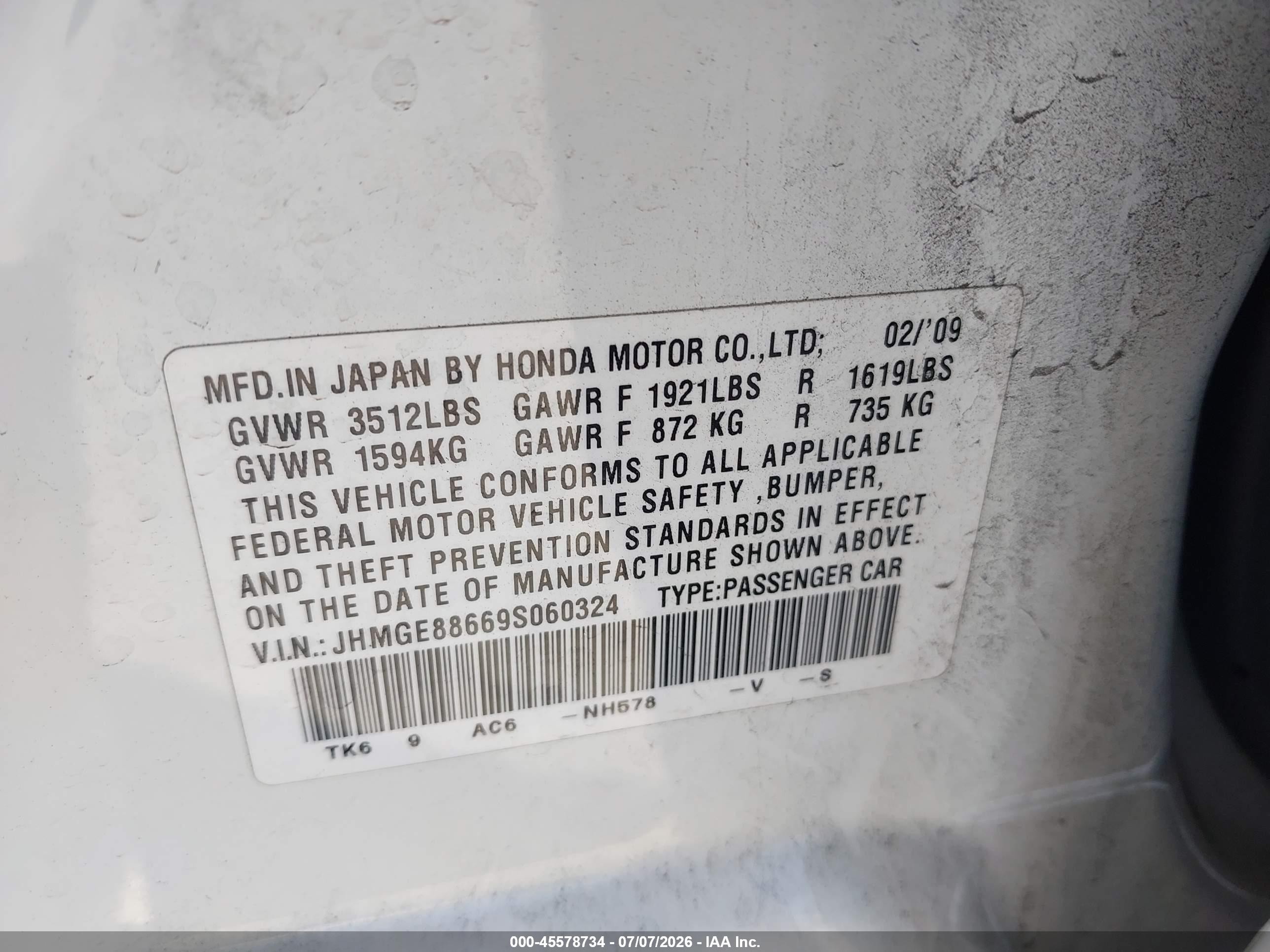 2009 Honda Fit Sport White vin: JHMGE88669S060324