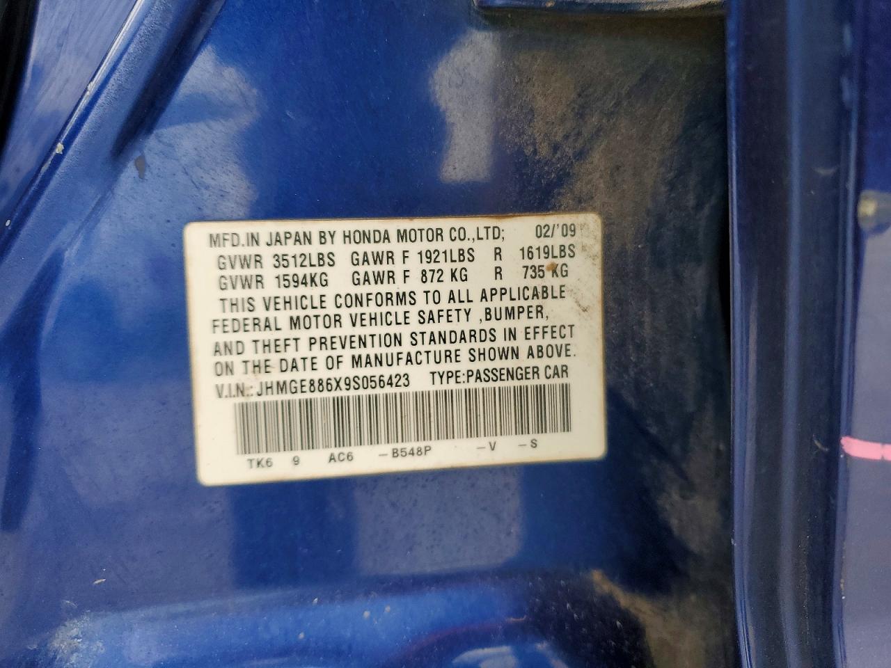 2009 Honda Fit Sport Blue vin: JHMGE886X9S056423