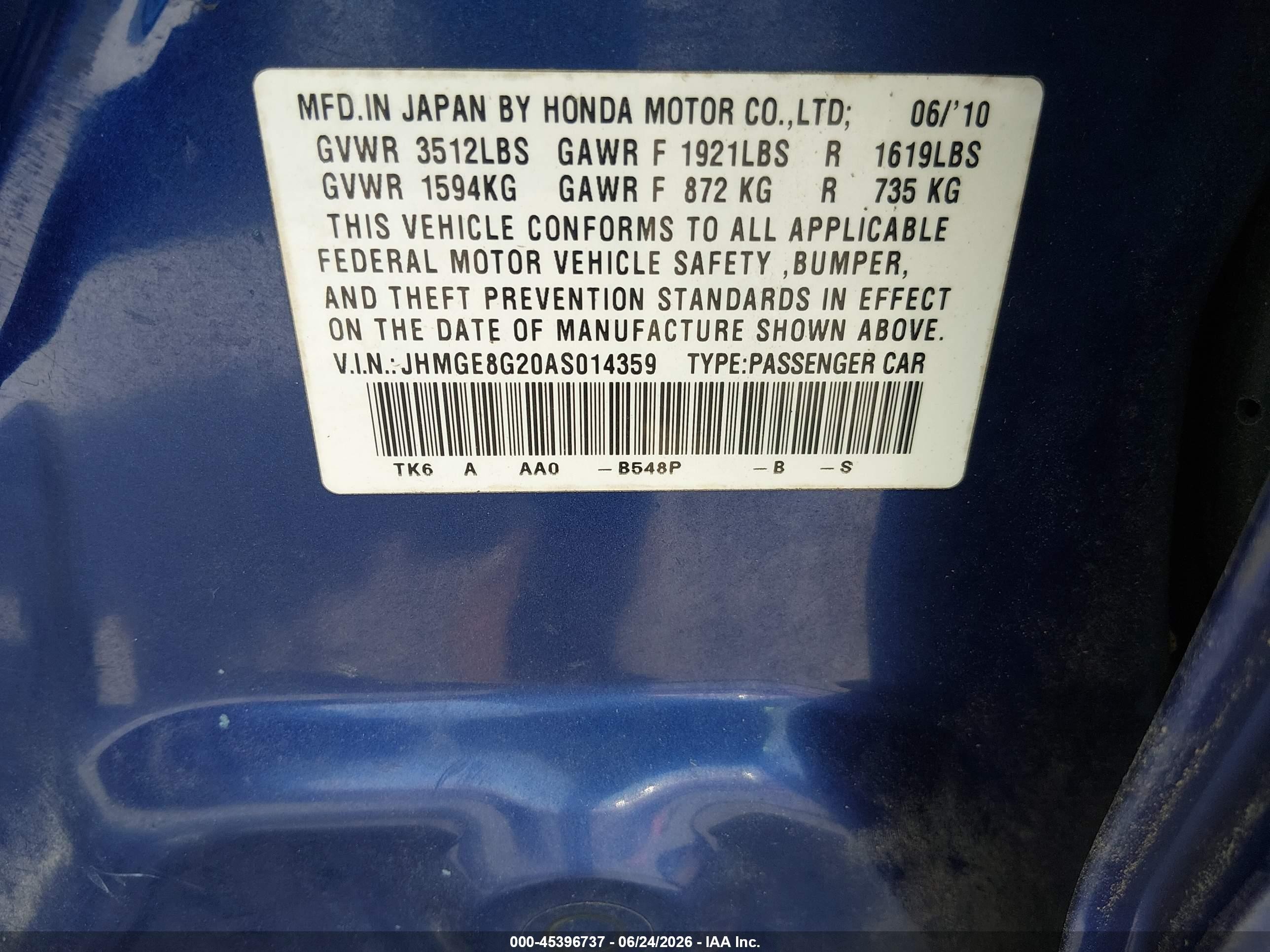 2010 Honda Fit   Blue vin: JHMGE8G20AS014359