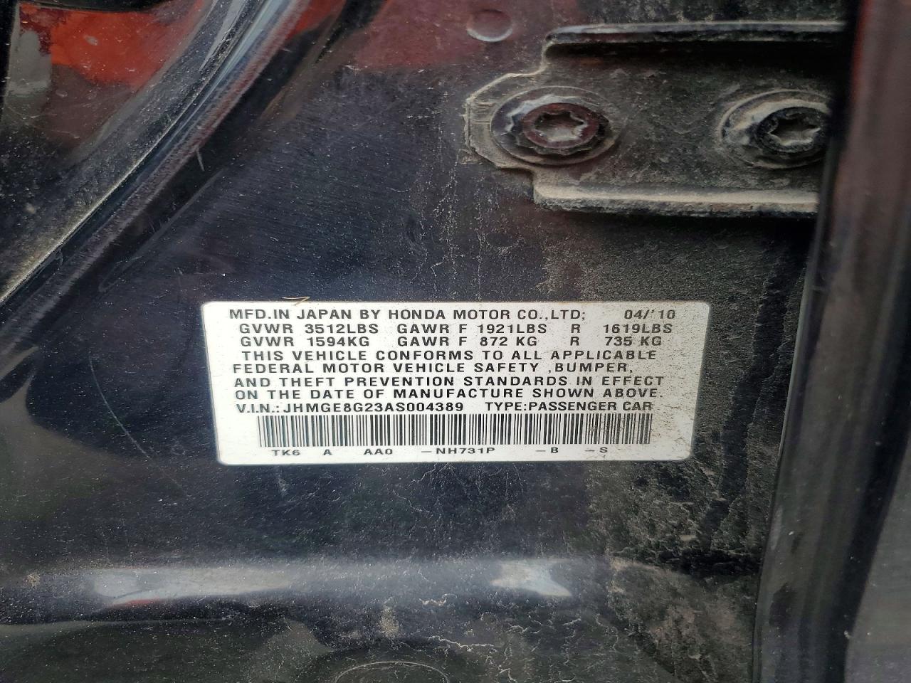 2010 Honda Fit Black vin: JHMGE8G23AS004389