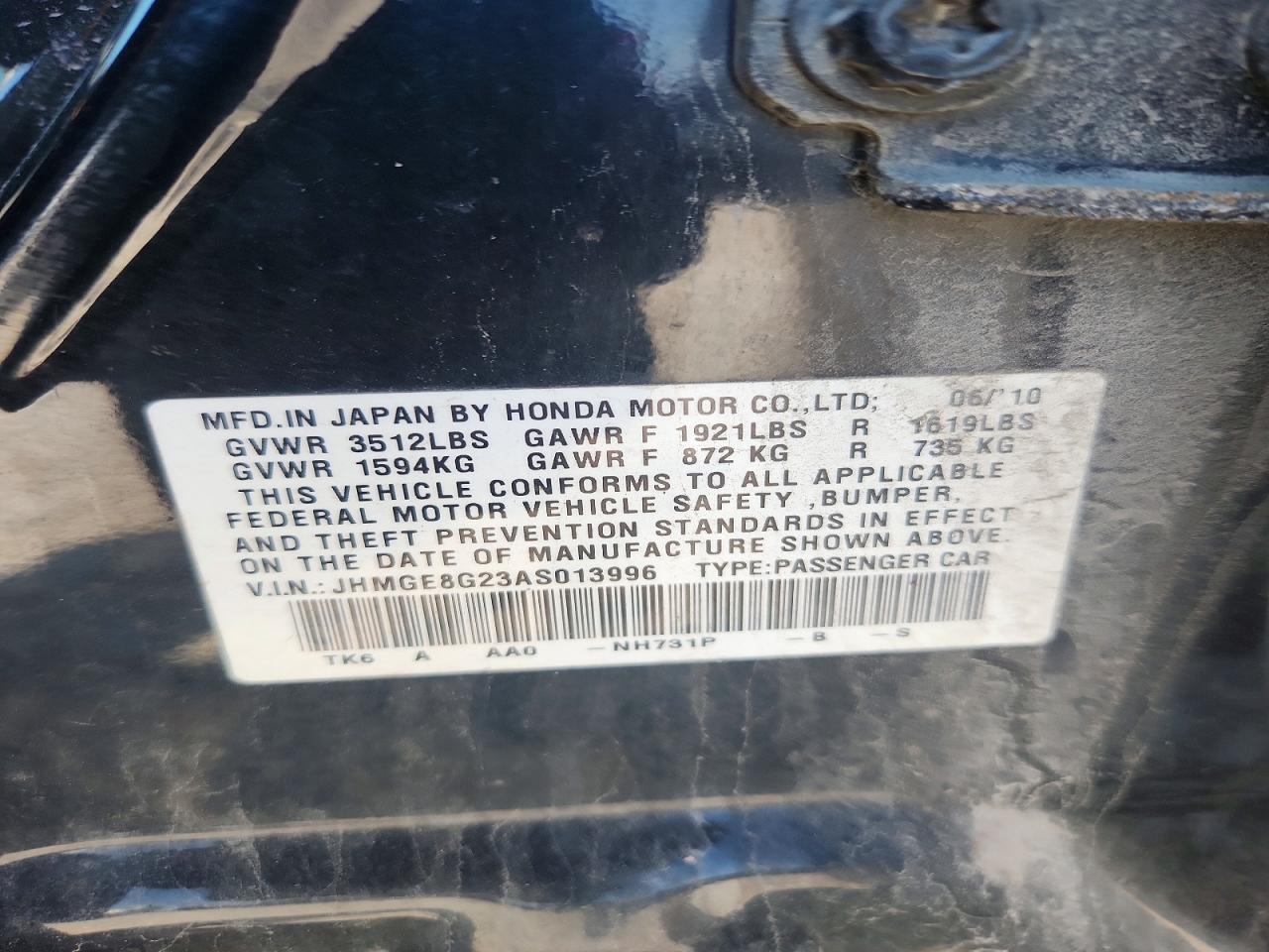 2010 Honda Fit Черный vin: JHMGE8G23AS013996
