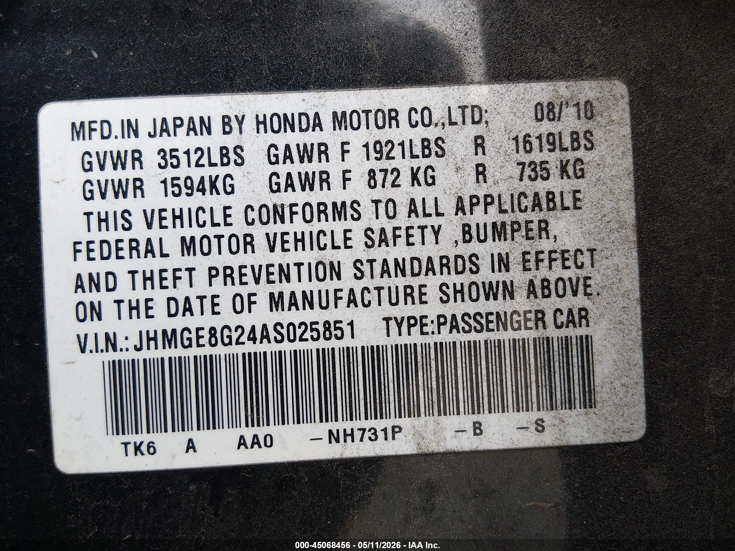 2010 Honda Fit   Black vin: JHMGE8G24AS025851