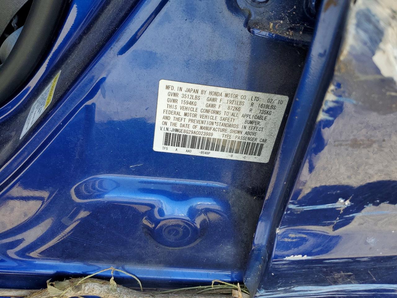 2010 Honda Fit Blue vin: JHMGE8G29AC023989