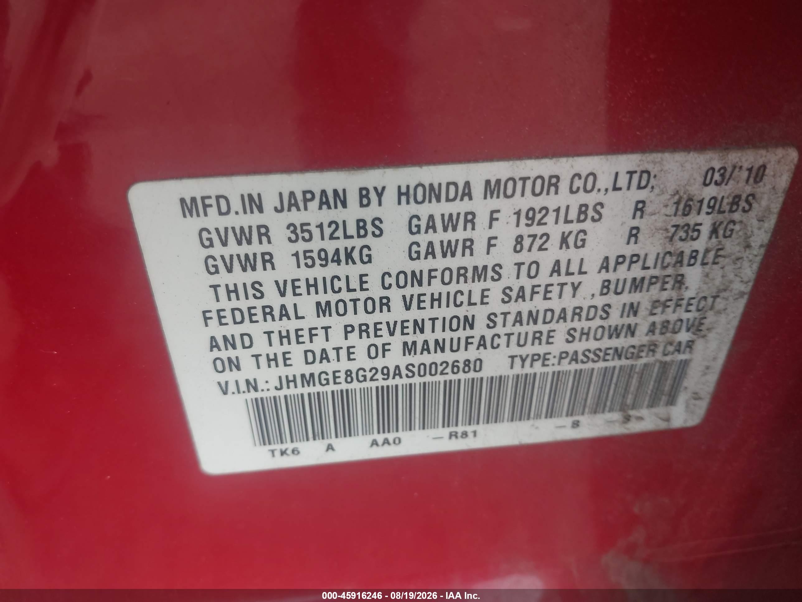 2010 Honda Fit   Red vin: JHMGE8G29AS002680