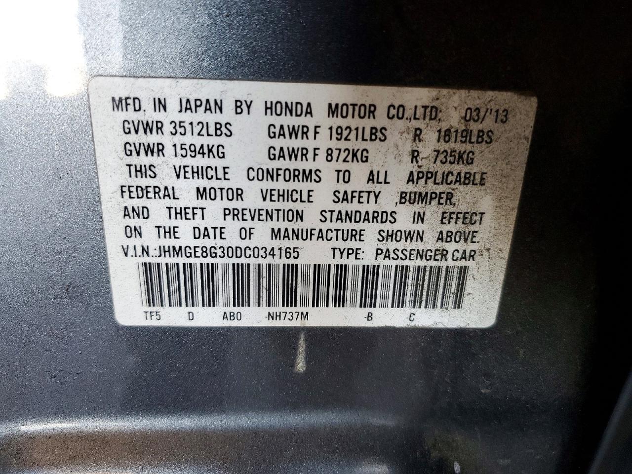 2013 Honda Fit Gray vin: JHMGE8G30DC034165