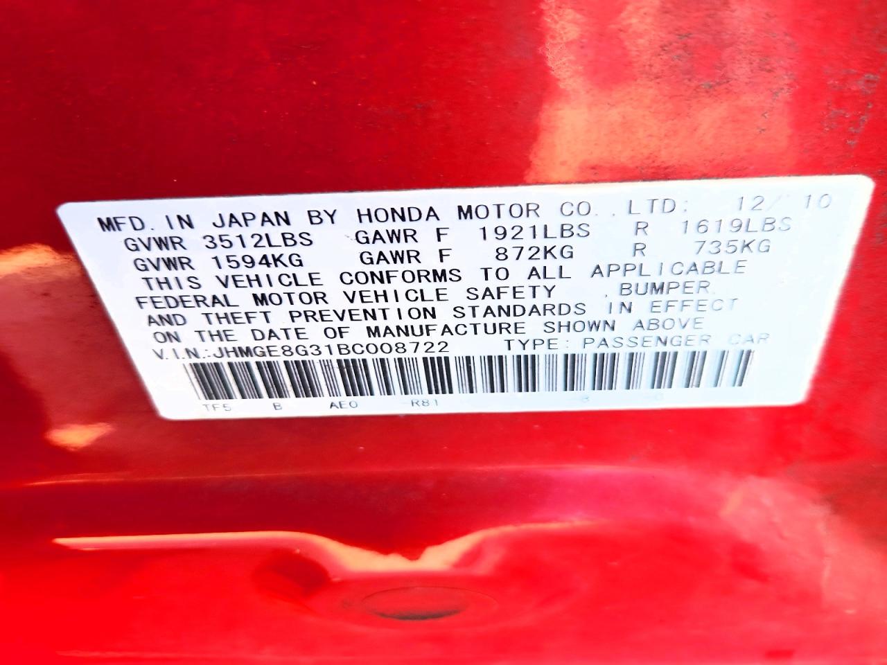 2011 Honda Fit Red vin: JHMGE8G31BC008722