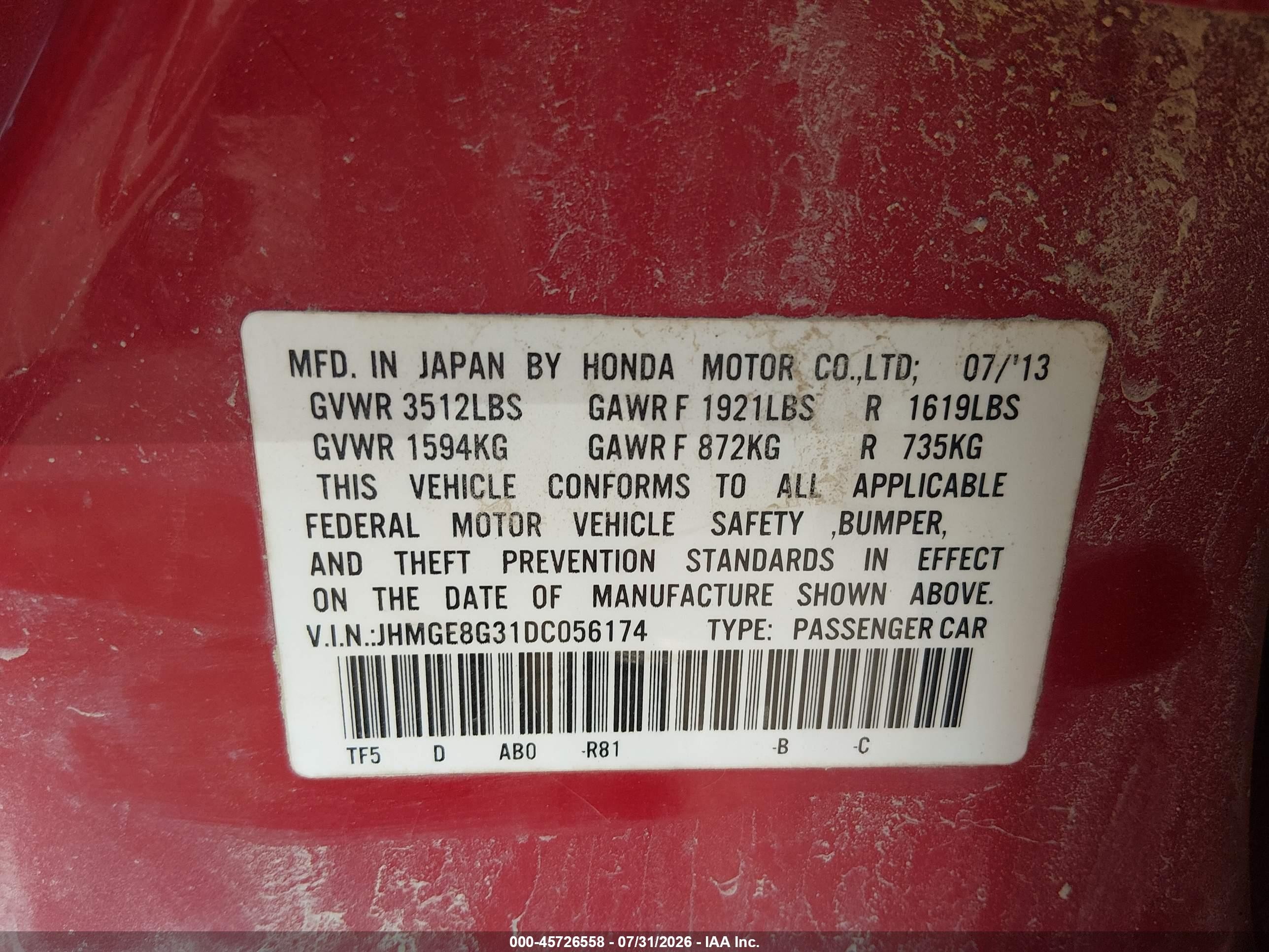 2013 Honda Fit   Red vin: JHMGE8G31DC056174