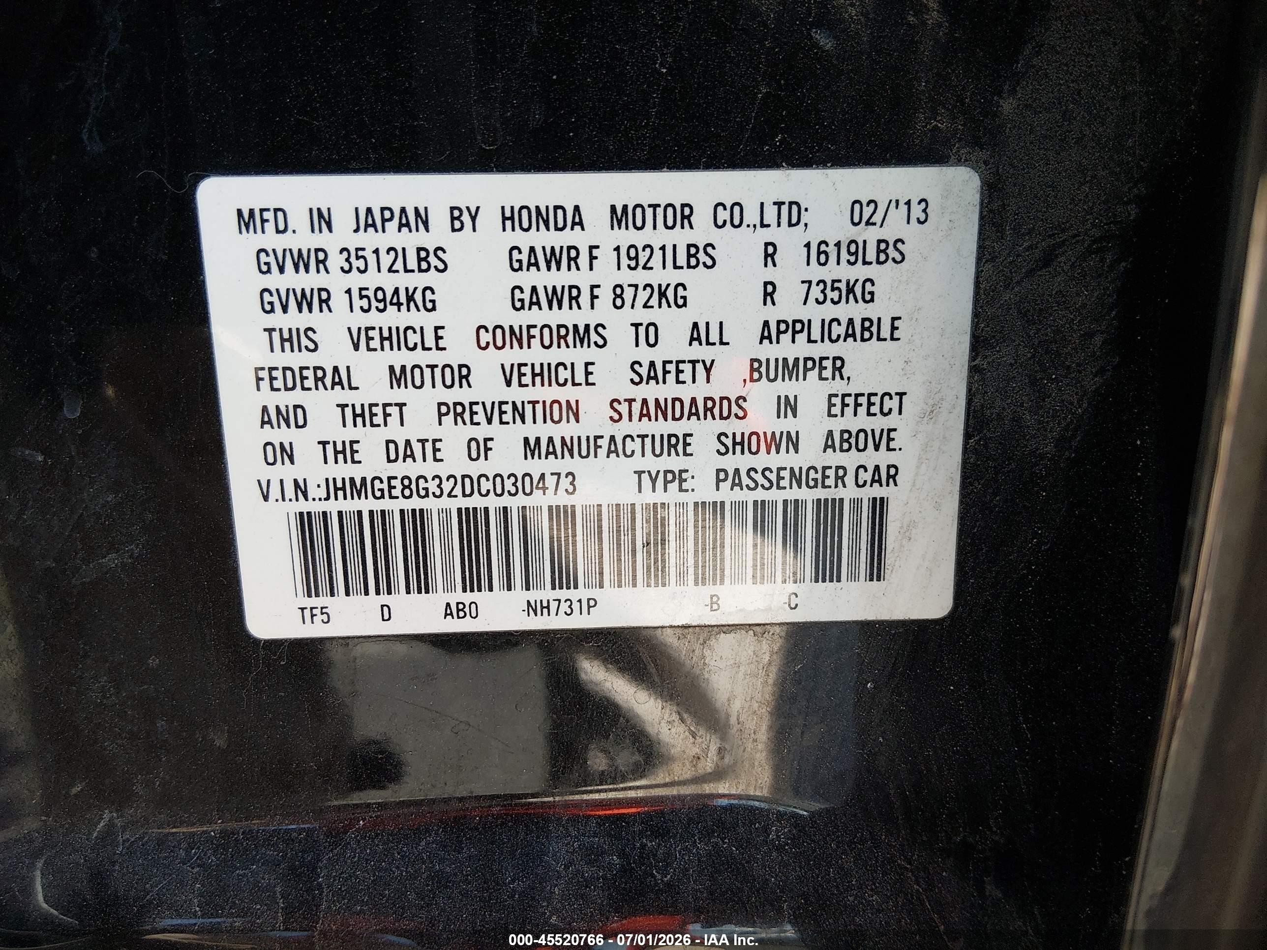 2013 Honda Fit   Black vin: JHMGE8G32DC030473