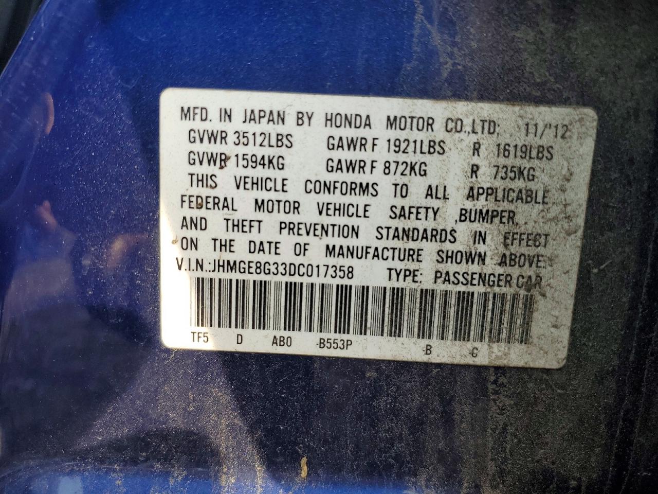 2013 Honda Fit Blue vin: JHMGE8G33DC017358