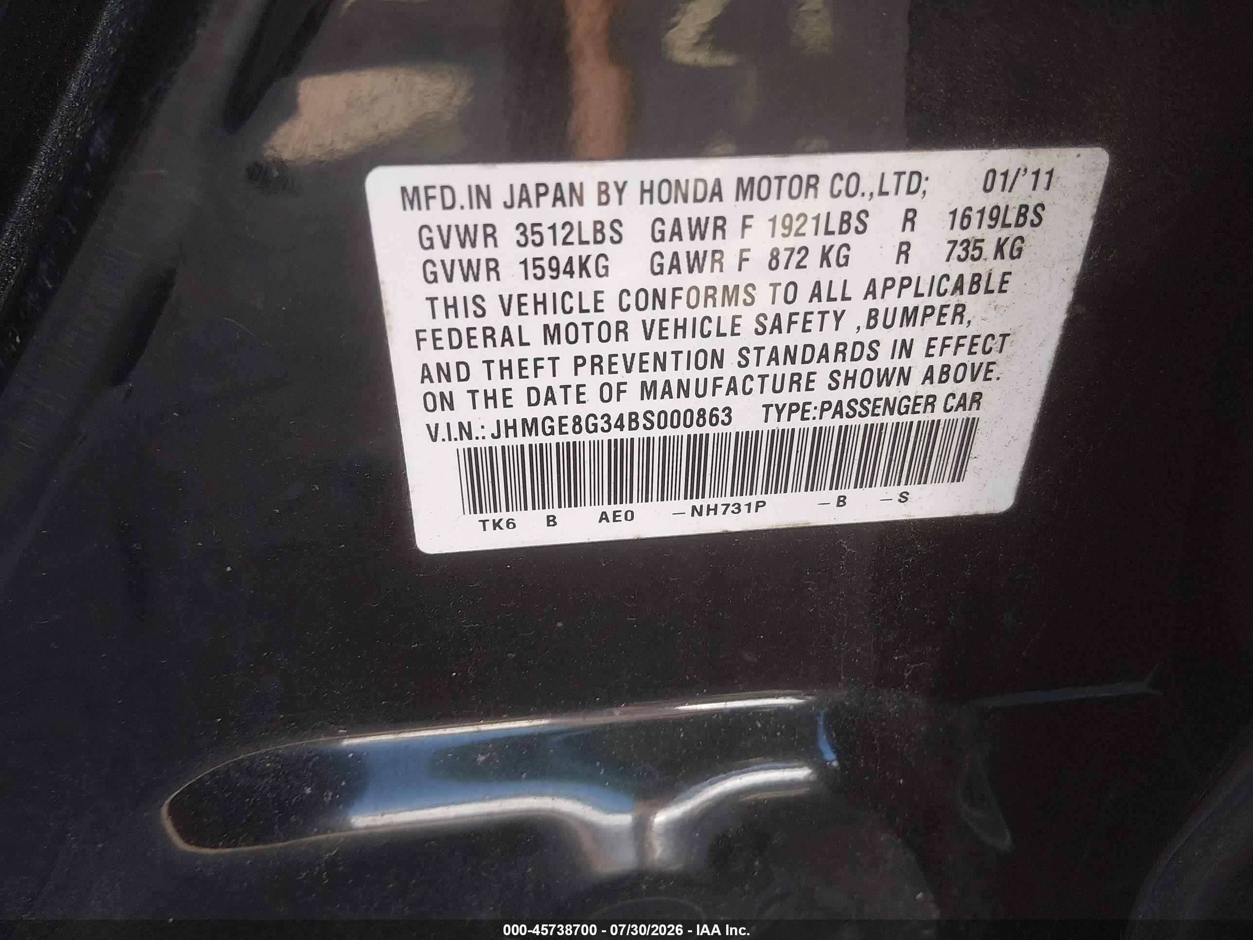 2011 Honda Fit   Black vin: JHMGE8G34BS000863