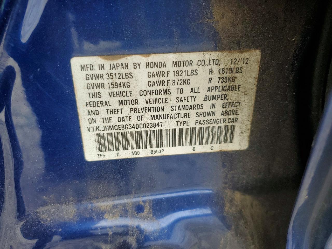 2013 Honda Fit Blue vin: JHMGE8G34DC023847